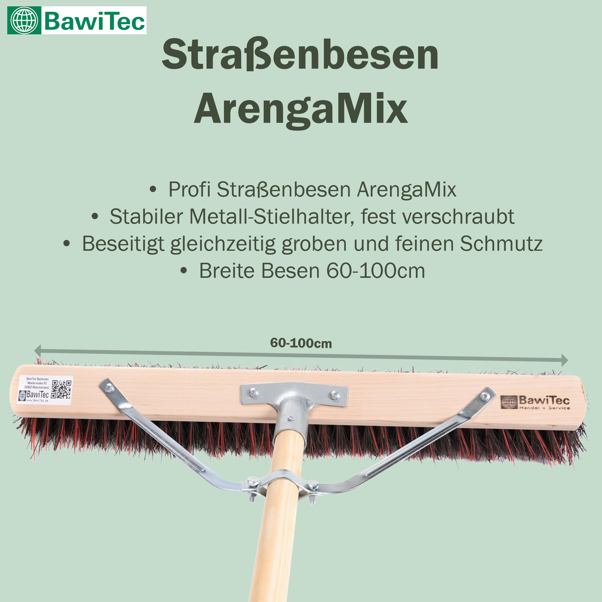 Spezial Besen 60cm mit Stiel 160cm ArengaMix Borsten Stabi Straßenbesen | Arenga-Elaston-Borsten-Mix, Speziellem Stielstabilisator, Robust und stabil, Für groben und feinen Schmutz