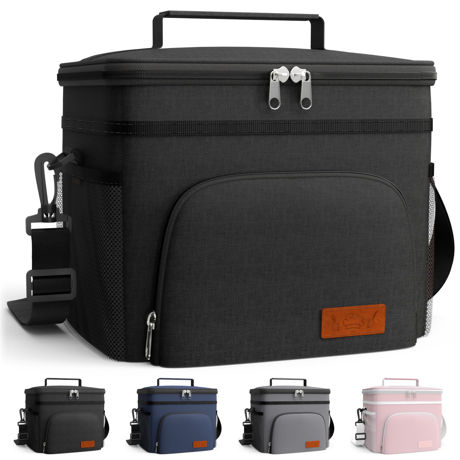 HOTOR Insulated Lunch Bags for Men & Women - Leak-Proof Cooler Lunch Box with 4 Pockets, Adjustable Strap, Ideal for Work, Picnic, Travel, 15L, Black, 33 x 24 x 20 cm