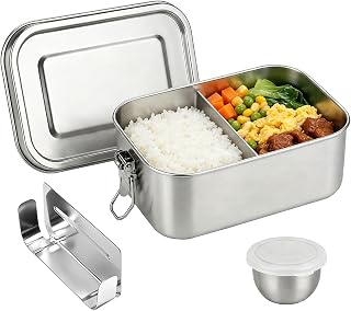 Lunchlåda 850 ml, med avtagbar avdelare och en dippsåsbehållare | Bento låda i rostfritt stål, läckagesäker och bärbar, med låsklämma för vuxna barn camping, familj, skola
