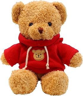 TROYSINC Teddy Bear Soft Fur Teddy Bear with Hood Paw Print Plush Toy Cuddly Toy Stuffed Toy Gift (Red, 30 cm)