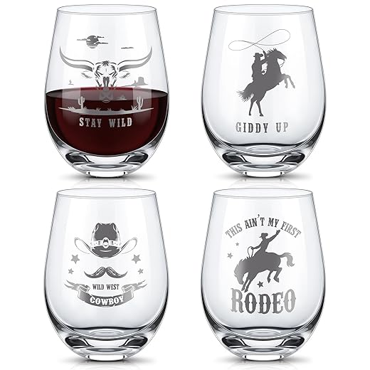 4 Pcs Western Horse Stemless Wine Glass Set, 14 oz Red White Wine Glasses, Western Horse Themed Gift for Use, Hosting, Home Bar, Evening Party, Birthdays, Shower, Housewarming