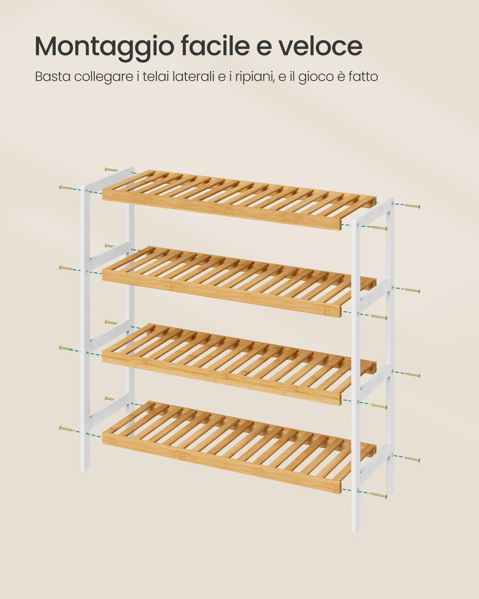 SONGMICS Scarpiera in Bambù, Scaffale Portascarpe a 4 Ripiani, Organizer per Scarpe Piante Libri, Ingresso Soggiorno Camera da Letto, 26 x 70 x 75,5 cm, Bianco e Naturale LBS007KZ01