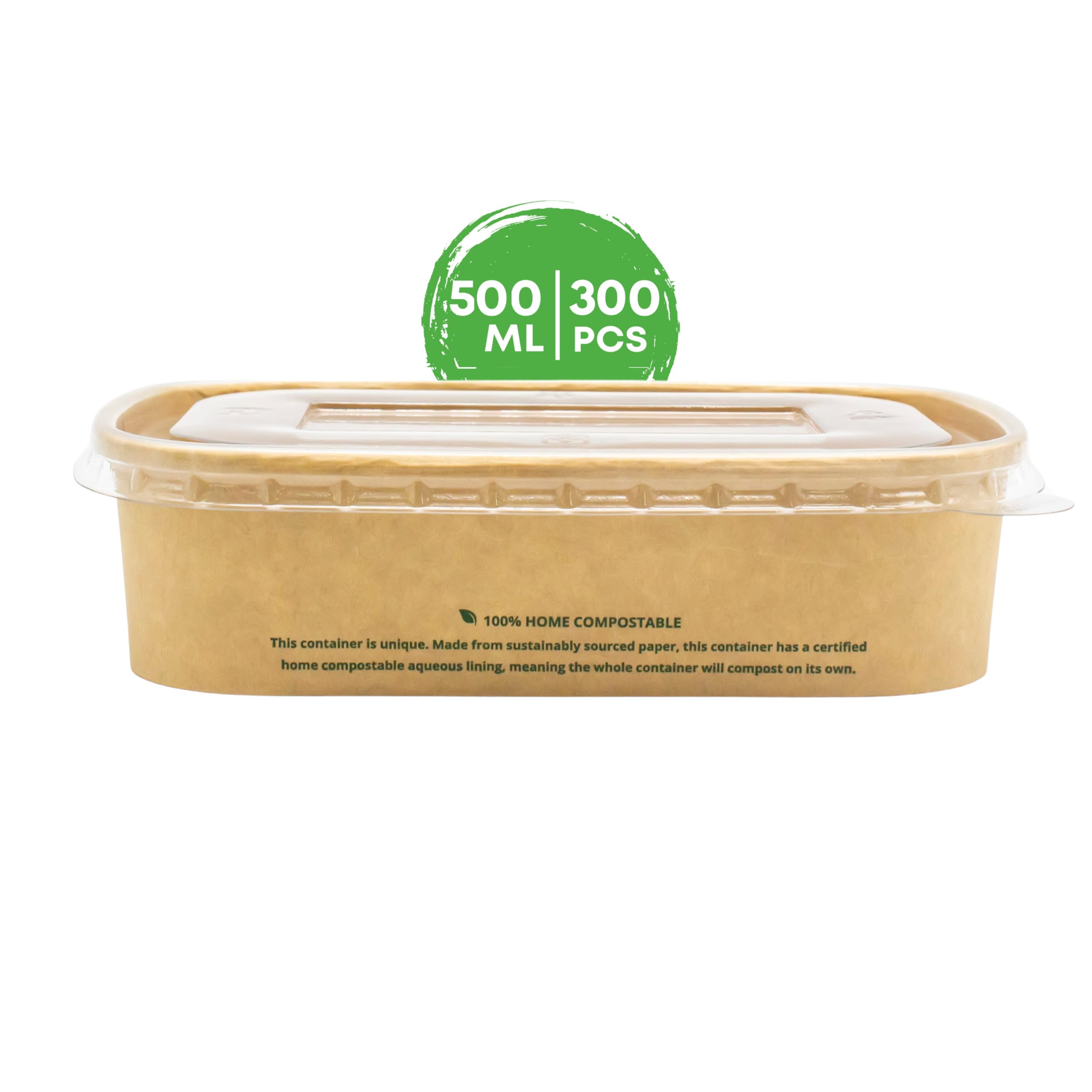 DISPOSABLE GREEN - NEXTGEN Rectangle Kraft Paper Container with RPET Clear Lid, Food/Salad Bowl, Leakproof-&-Oil-Proof Containers, Repulpable & Disposable Bowls, 500ml