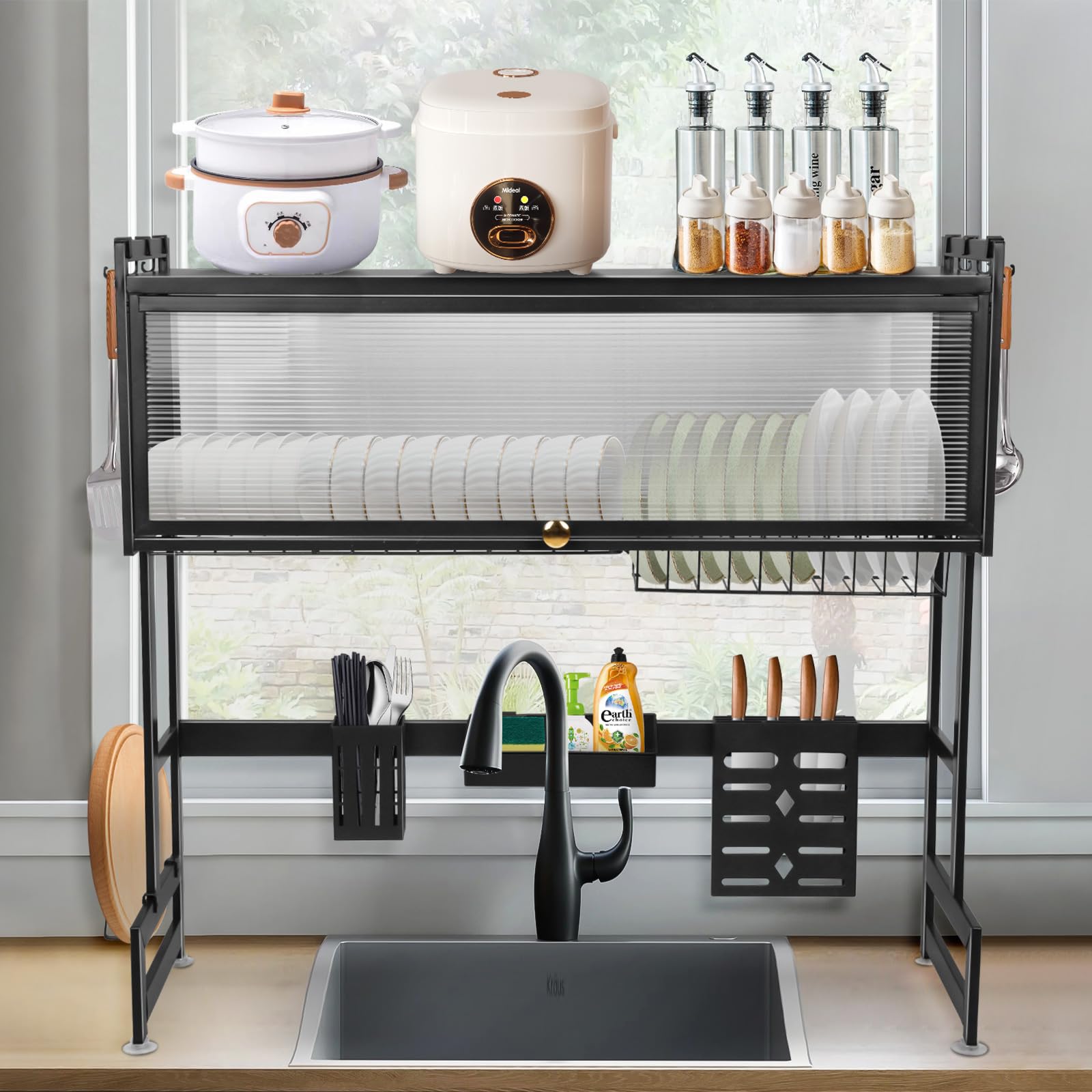 HUOLE Escurreplatos Acero Inoxidable, Escurreplatos Acero Inoxidable con Drenaje Automático, Escurridor de Platos Grande de 3 Niveles con Portavasos y Porta Utensilios, 85 * 30 * 78cm-Negro