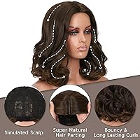 Vista 4 de FAVE Peluca corta ondulada de color marrón mixto, peluca de onda suelta de 14 pulgadas de longitud al hombro, peluca rizada estilo Bob, parte media