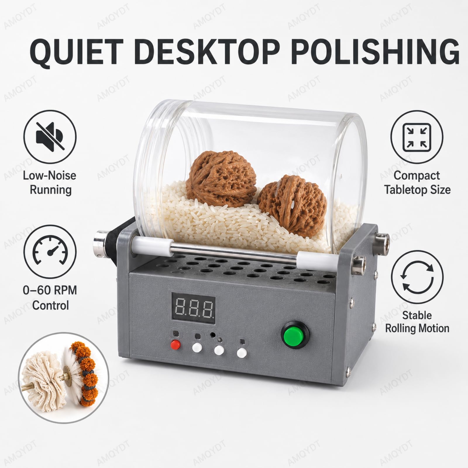 Mini polisseuse à tambour de table, polisseuse rotative électrique avec vitesse réglable de 0 à 60 tr/min, minuterie intégrée et tambour scellé en PET pour abrasifs à sec, Walnut Crafts