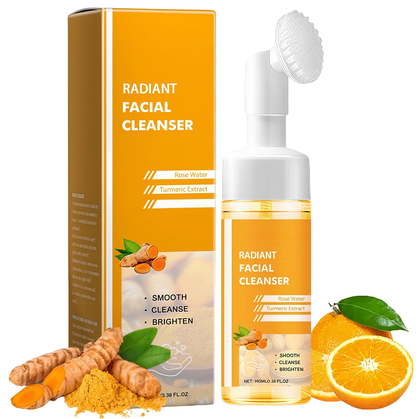 Turmeric Face Wash with Brush, Foaming Facial Cleanser for Women Improves Blemishes, Zits, & Evens Skin Tone