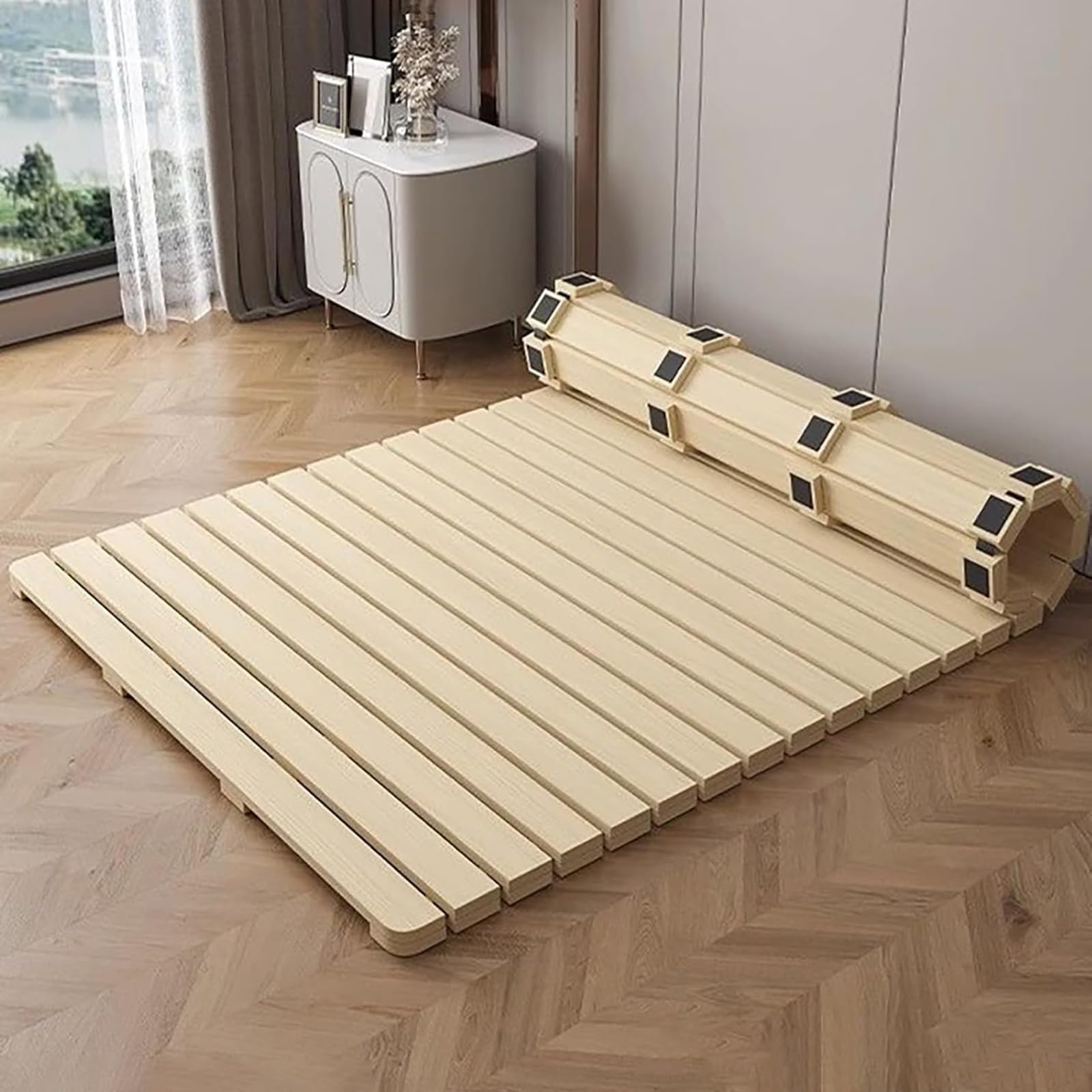 Lit japonais pliable en bois massif Roll-PE à lattes pour chambre à coucher, chambre d'amis, dortoir - Design compact - Kaki (190 x 135,1 cm)