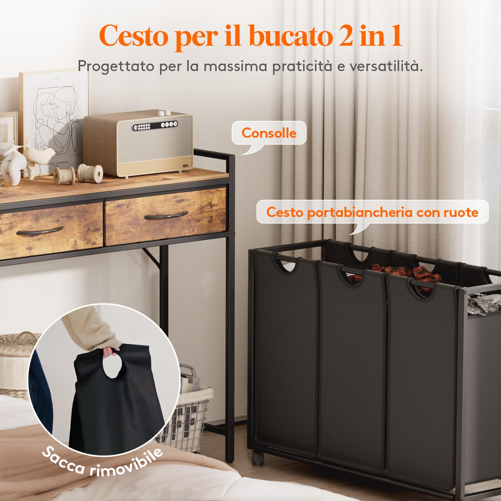 Lifewit Cesto Portabiancheria 3 Scomparti con Ruote 135L, Mobile Biancheria Sporca con 2 Cassetti e 3 Sacco Porta Biancheria in Tessuto Oxford per Lavanderia, Camere da Letto, Bagno, Nero