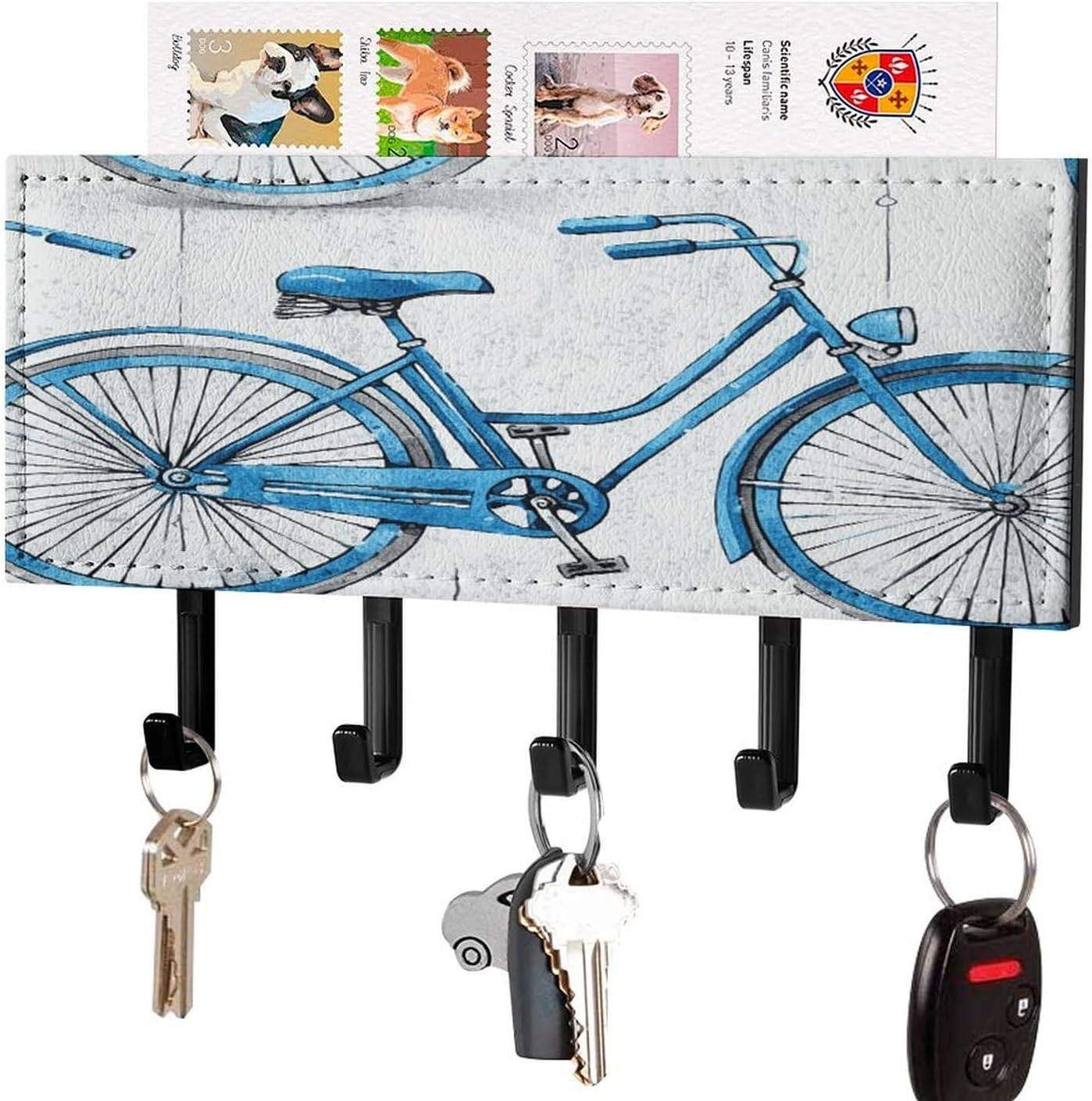 Key Holder Wall Mount Key Hanger with 5 Hooks, Decorative Key Rack | Blue Bicycle Hanging Key Hooks with Mail Organizer for Wall Living Room Kitchen Bathroom Hallway