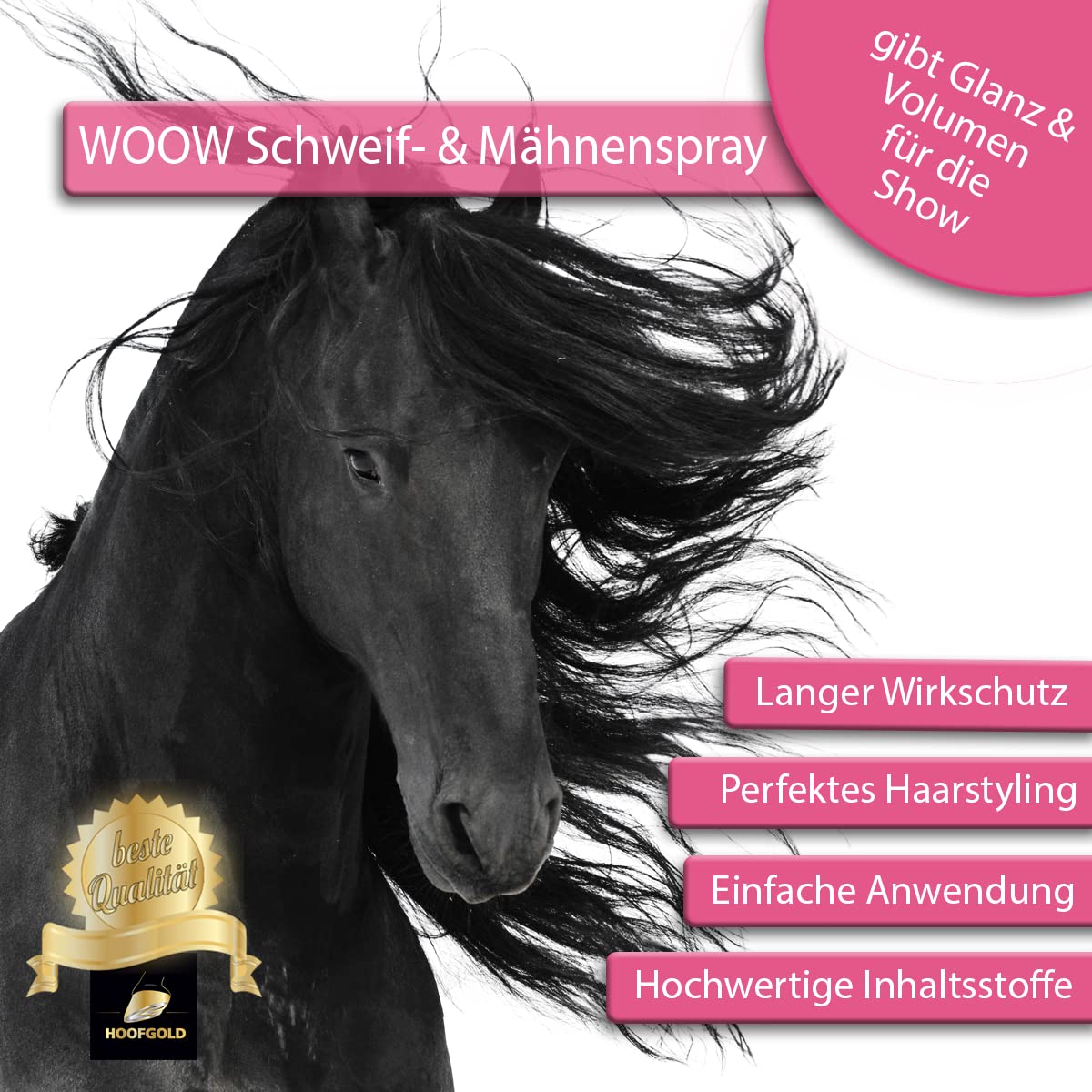 WOOW - Spray para crines para caballos, spray brillante y spray de cola con efecto sorpresa, para crines y colas, cuidado extra para frisos, Tinker, Haflinger, compatible con ADMR, 1000 ml