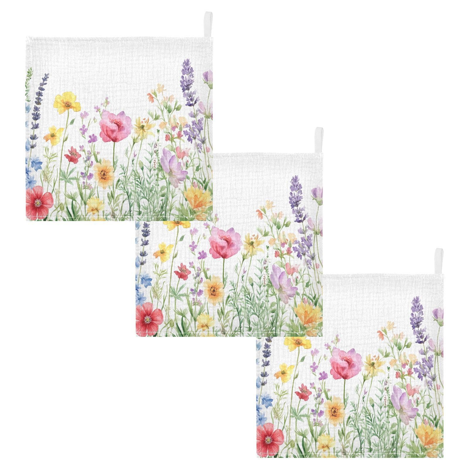 STAYTOP Watercolor Wildflowers Muslin Baby Washcloths Pack of 3 - Soft Face Cloths for Newborn Absorbent Baby Bath