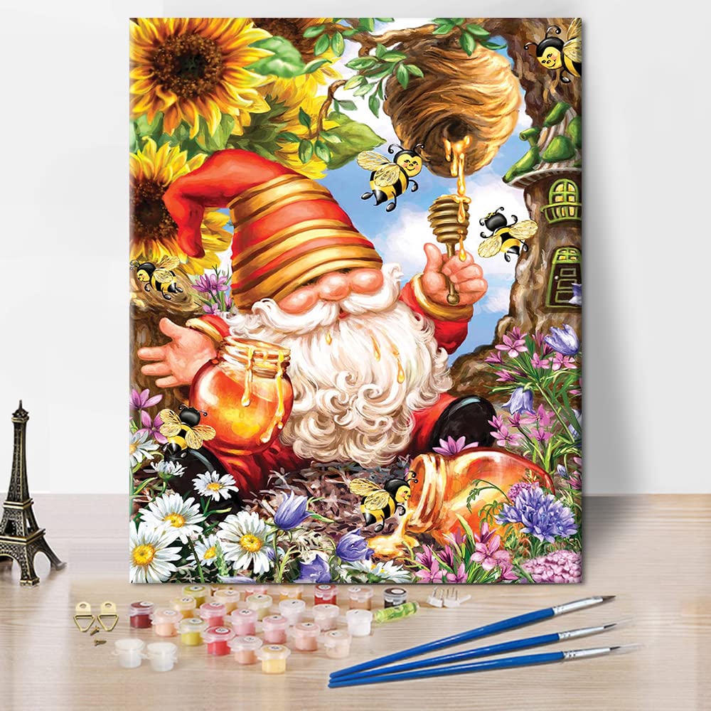 TISHIRON Gnome Paint by Numbers for Adults, Honey Adult Paint by Numbers, Sunflower Paint by Number for Children, Honey and Bee Paint by Numbers Kits on Canvas Art Crafts for Home 16"x20"(Frameless)