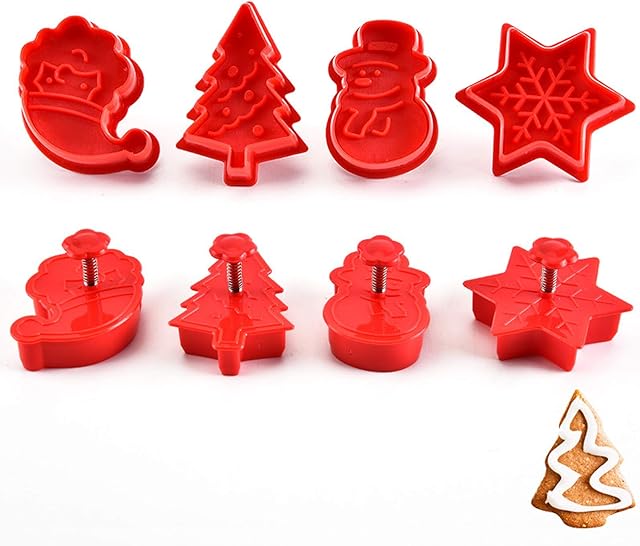 Christmas Themed Cookie Cutter Set - Plastic Spring die Biscuits Pastry Cutter Set 3D Cookie Cake Plunger Cutter Baking Mould, 4 Pack Christmas Cookie Cutters