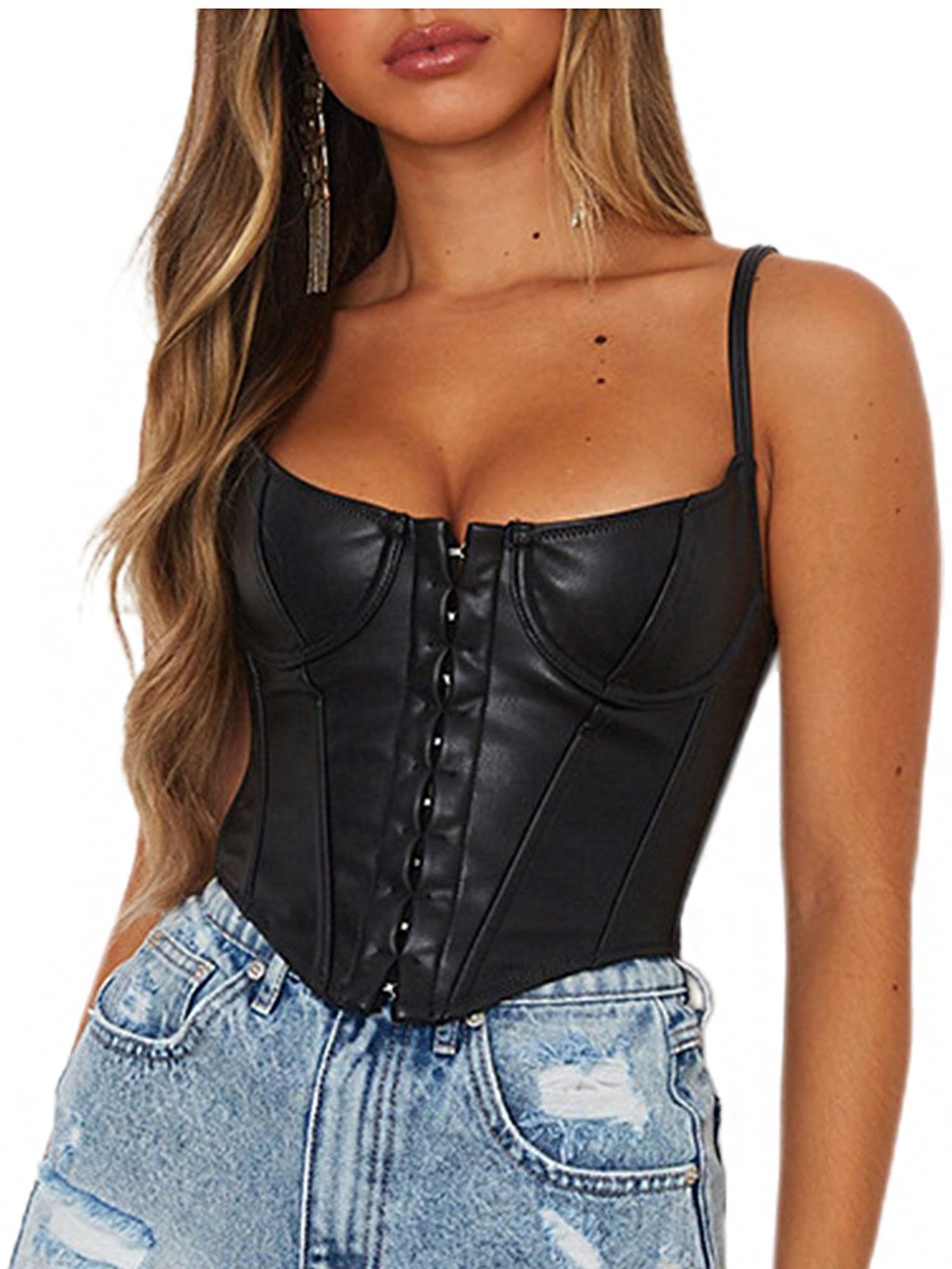 TYNORA Women PU Leather Corset Crop Top Spaghetti Strap Bustier Camisole Clubwear