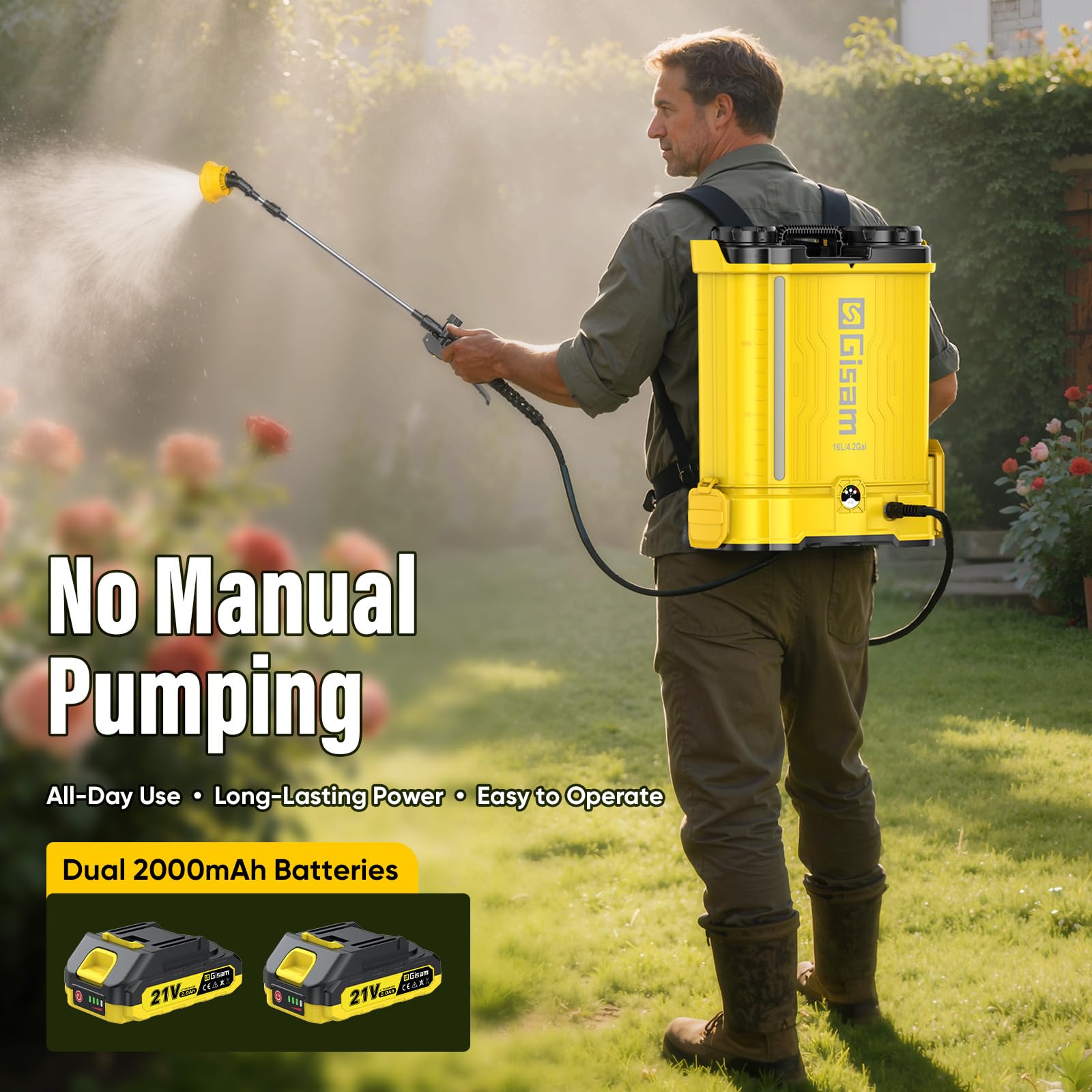 16L Akku Drucksprüher, 120 PSI Gartenspritze, Rückenspritze mit Rührfunktion, 2 x 2000 mAh-Akkus, 5 Düsen & Korrosionsbeständiger, Sprühbalken für Unkraut, Düngung, Pestiziden