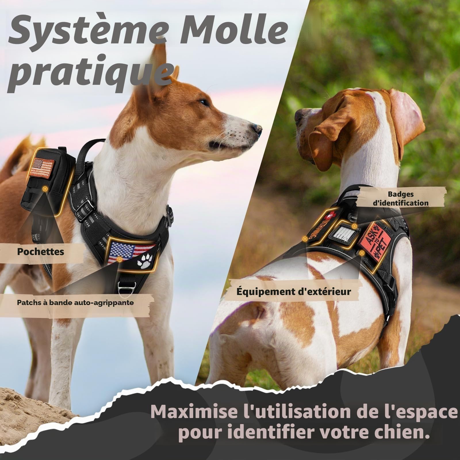 rabbitgoo Harnais Chien Anti Traction, Harnais Tactique Chien Réfléchissant Réglable avec Poignée et Anneaux, Gilet Solide Facile à Mettre, Harnais Chien Militaire pour Entraînement Chasse, Noir, L