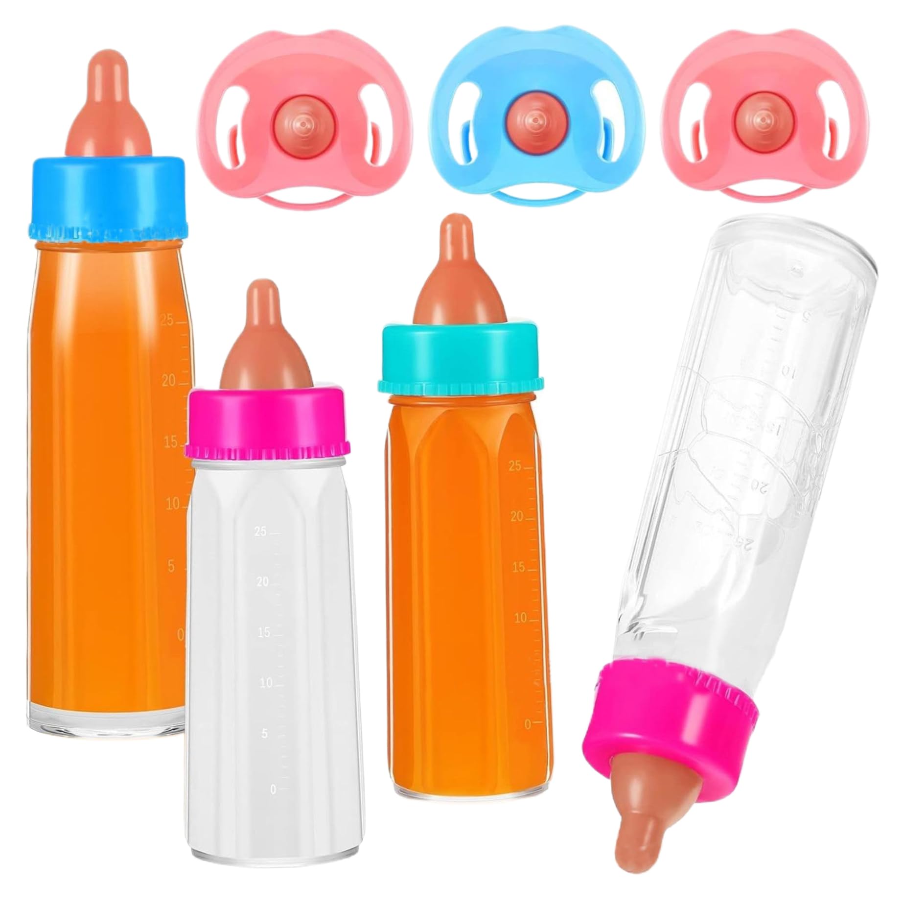 Pacifier Toy, 7 Pcs/Set Baby Doll Bottles, 4 Pcs Toy Baby Bottles for Dolls with Disappearing Milk or Juice for Kids Gift