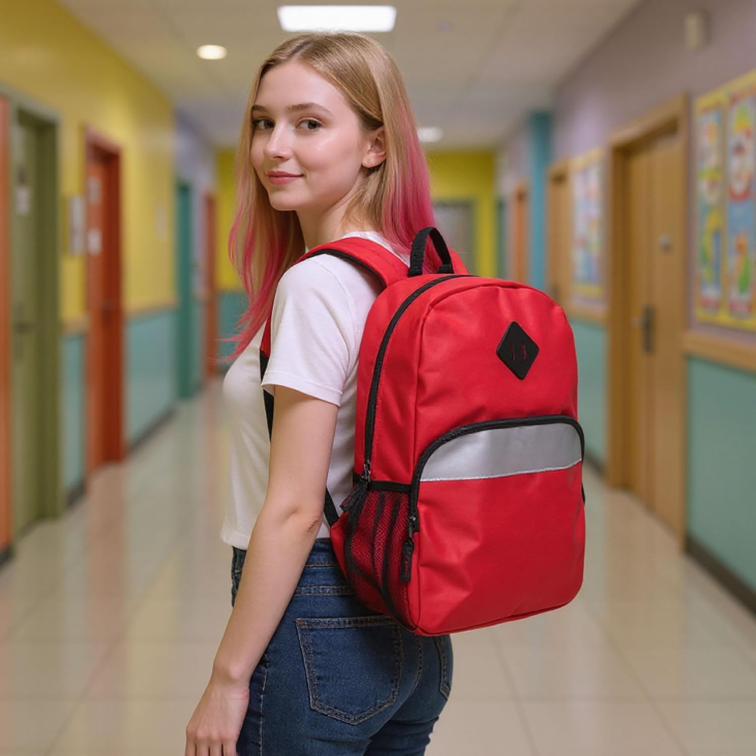 Trail maker Reflective School Backpack for Kids | Colorful Backpack with Adjustable Straps, Side Water Bottle Pockets (Red)