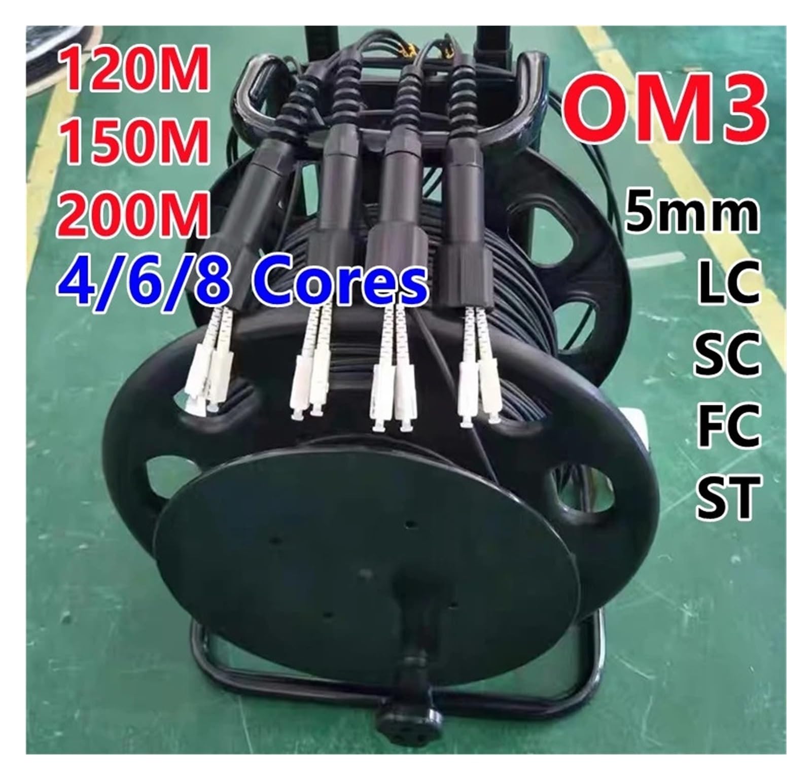 Cavo di collegamento per esterni OM3 4/6/8 core, 120m/150m/200m, TPU schermato con bobina PCD310 4C 6C 8C LC SC FC ST, ponte in fibra ottica multimodale da 5 mm (6C 150 m LC-LC)