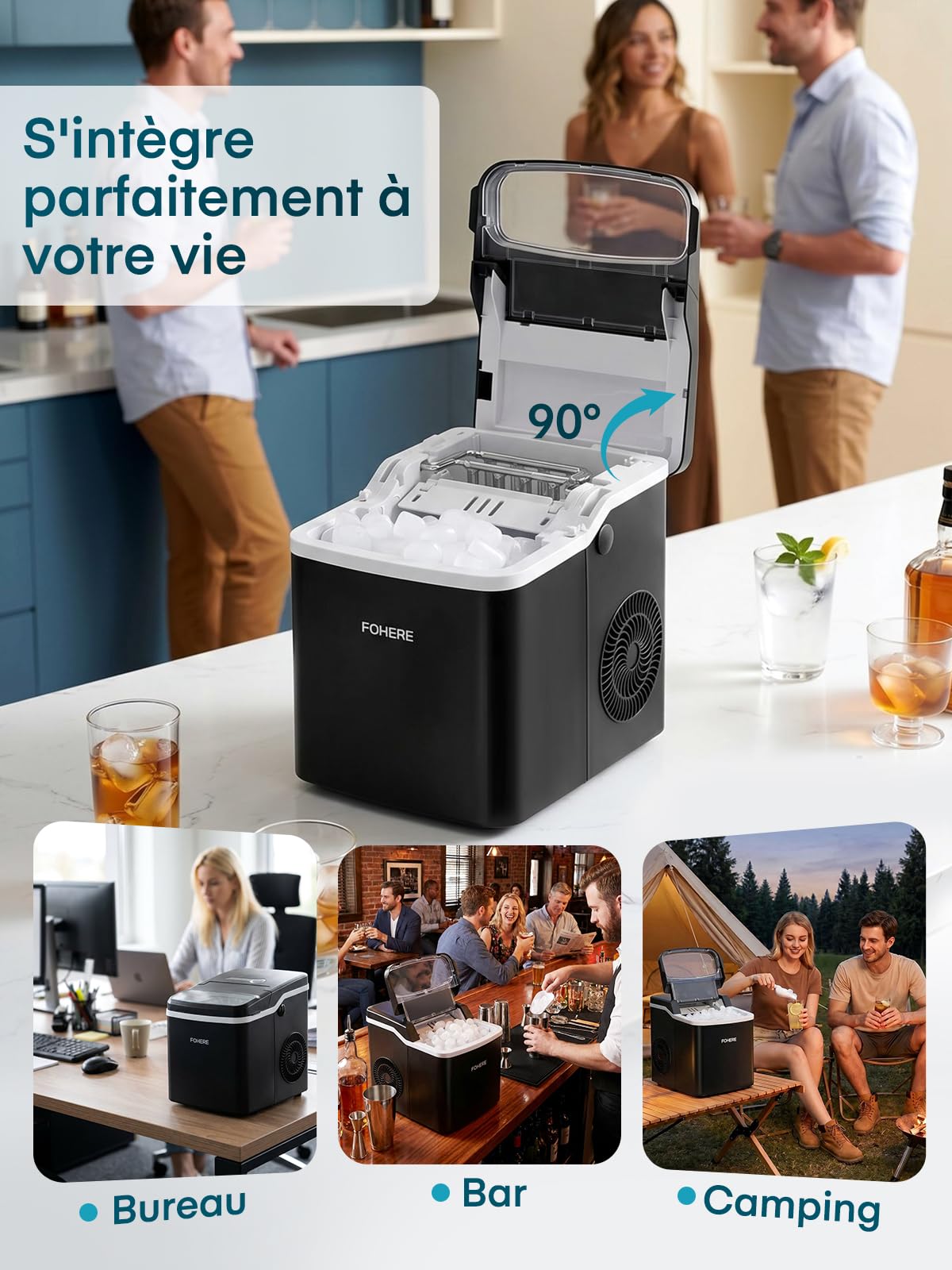 FOHERE Machine à Glaçons de Comptoir, 9 Glaçons en 5 Min, Capacité 14KG/24H, Machine a Glacons Compacte avec Fonction d’Auto-Nettoyage, 2 Tailles de Glaçons pour Maison, Cuisine, Camping, Bureau