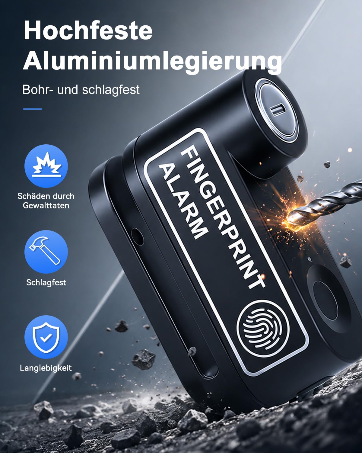 ZEXMTE Fingerabdruck-Motorrad-Alarm-Schloss, 120 dB USB C, wiederaufladbar, Anti-Diebstahl-Alarm, Scheibenbremsschloss