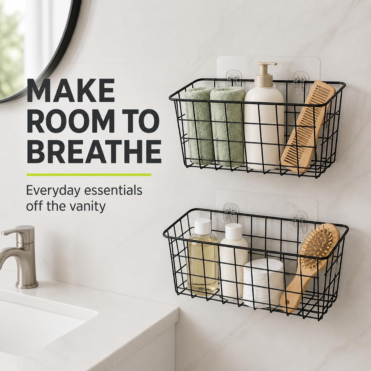 ZUSHALLMY 2 Pack Wire Baskets for Wall, No Drill Adhesive Kitchen Storage