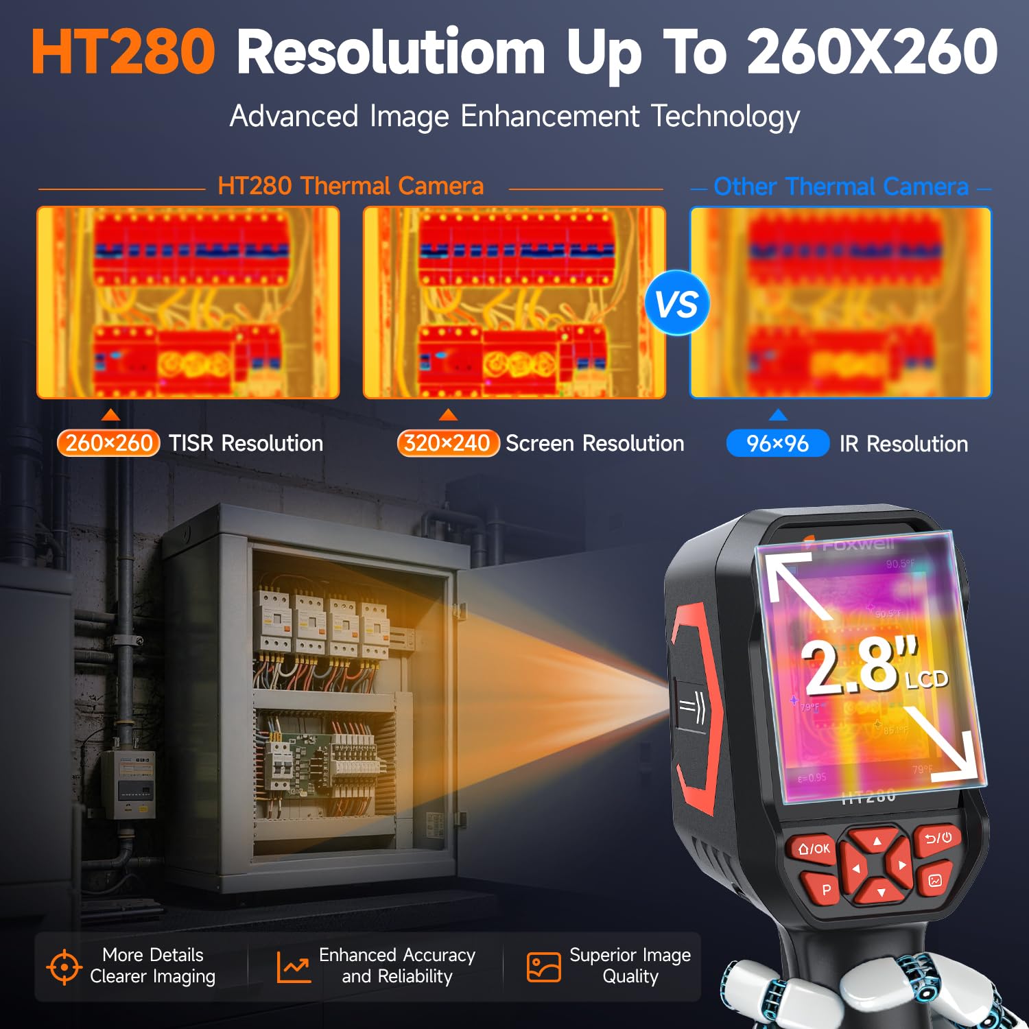 FOXWELL HT280 Wärmebildkamera, 320 × 240 2.8-Zoll-LCD-Bildschirm, 260 × 260 TISR-Auflösung, 25 Hz, tragbare Infrarotkamera mit Temperaturalarm für Inspektionen im privaten Bereich, in der Klimatechnik