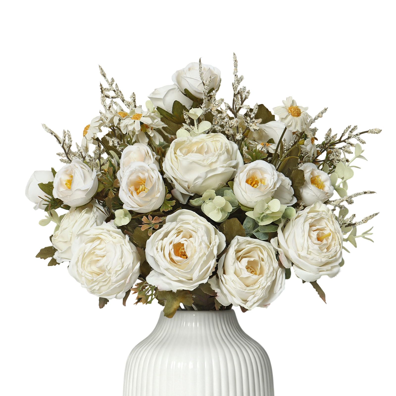 MEIVINES White Artificial Flowers 6 Bunches Fake Flowers Short Stem Cream Faux Flowers Artificial Flower Bouquet Silk Flower Arrangement for Wedding Party Centerpiece Table Home Decor