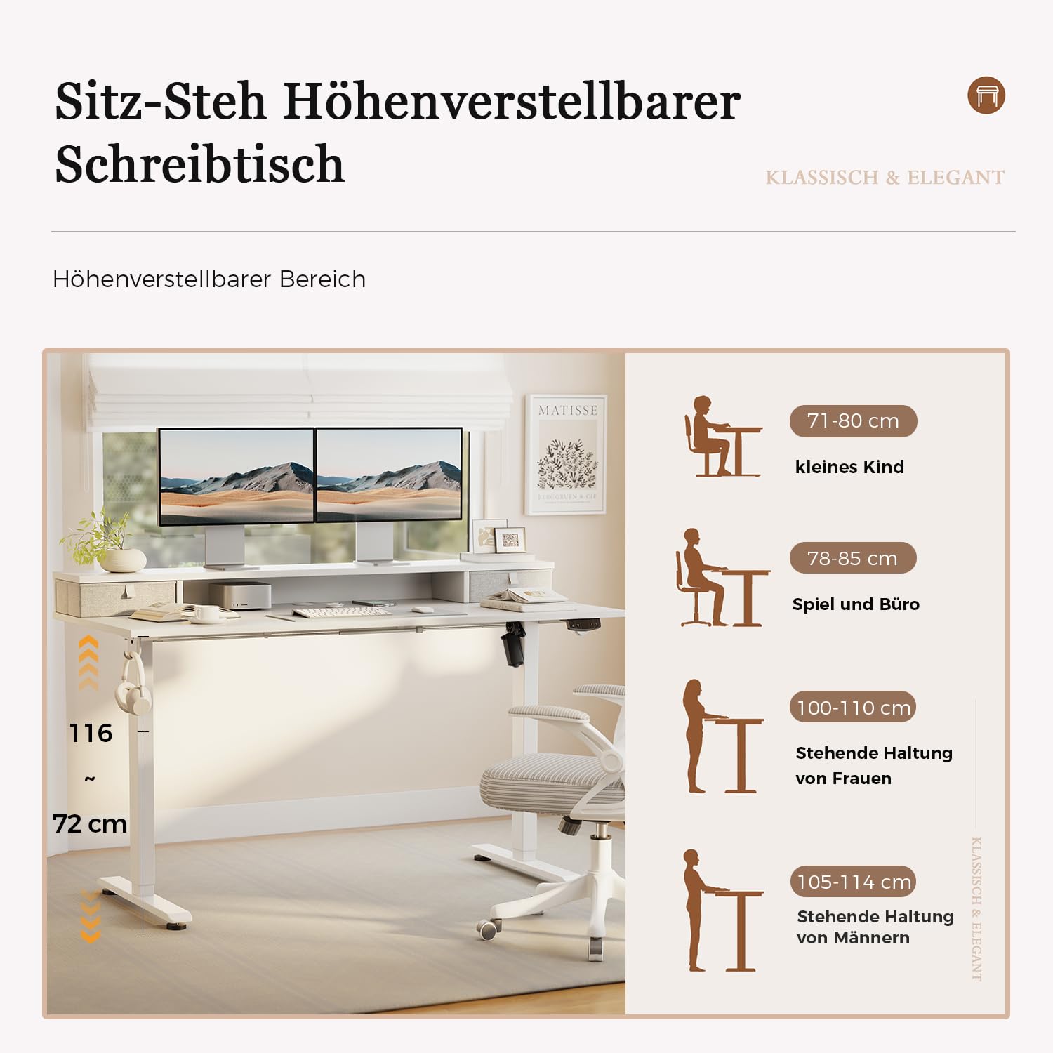 Klicelor Höhenverstellbarer Schreibtisch mit Doppelschubladen, Elektrisch Höhenverstellbarer Schreibtisch, Sitz-Steh-Computertisch, Ergonomischer Stehschreibtisch, 100 x 60 cm, Weiß