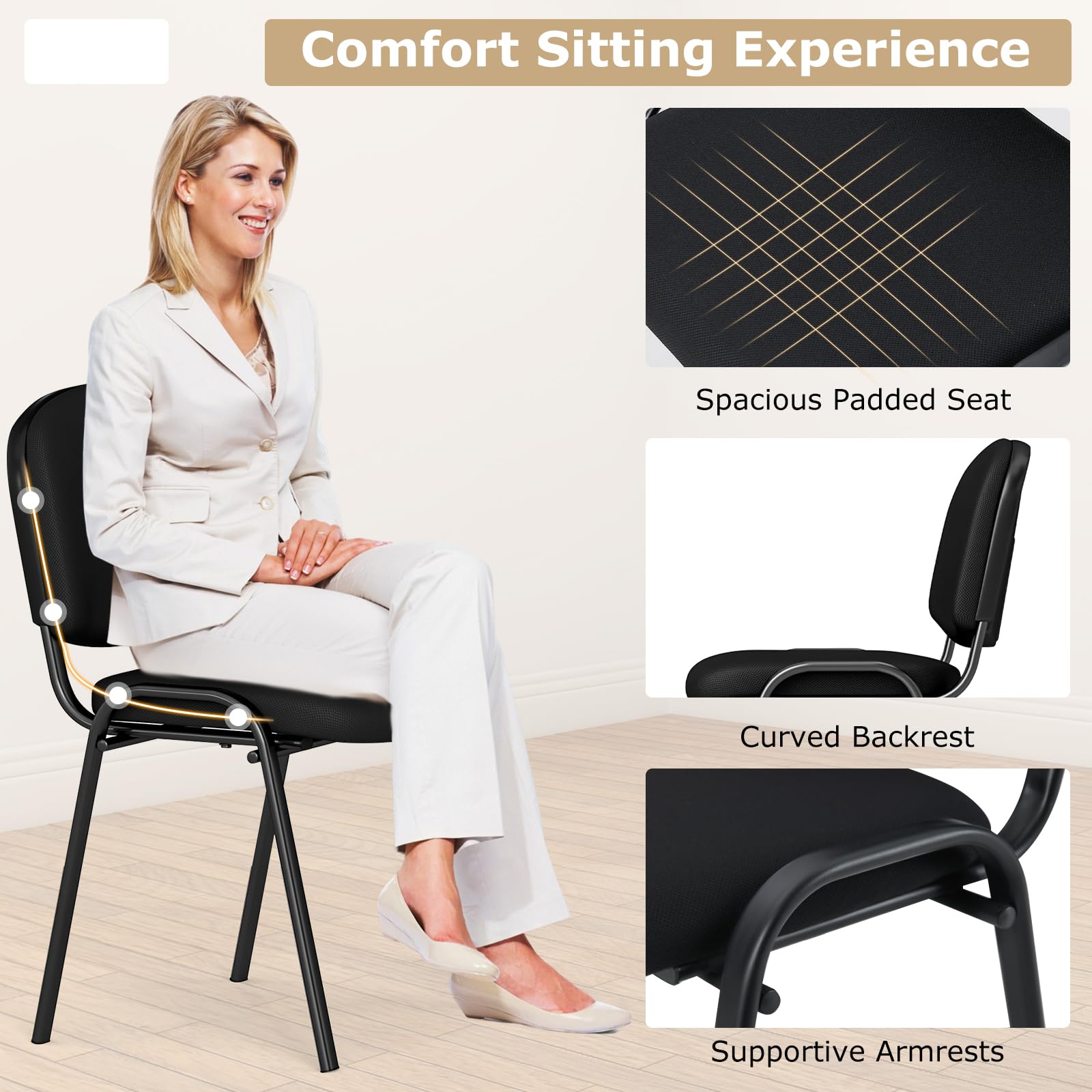GIANTEX Lot de 5 Chaise Salle d'Attente Empilables, Siège et Dossier Rembourrés, Chaise Visiteur Ergonomique, Cadre en Métal, Charge 150 kg, Patins Antidérapants, pour Salle d'Attente, Bureau, Noir