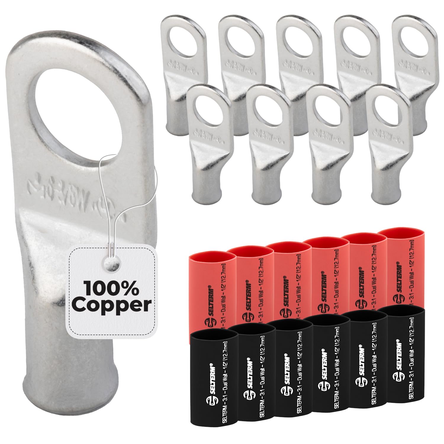 SELTERM 10pcs - 6 Awg - 3/8" Stud - Battery Lugs - Ring Terminal Connectors | with 12pcs 3:1 Black & Red Heat Shrink Tubing with Adhesive | Heavy Duty