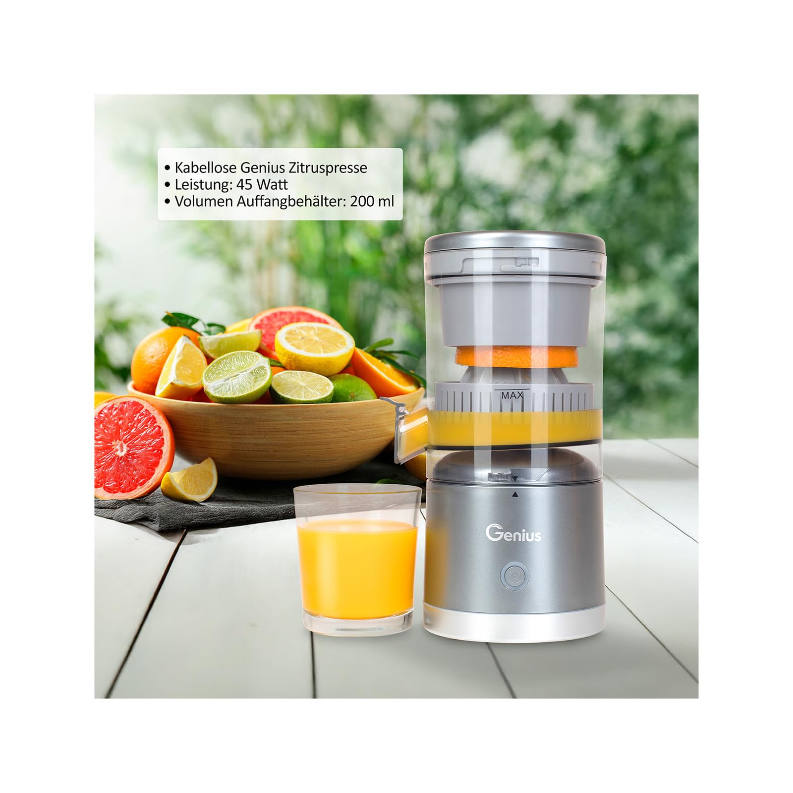 Genius Nicer Dicer - Exprimidor de cítricos (6 piezas, exprimidor eléctrico, exprimidor de naranjas, duración de la batería de hasta 25 min, 45 W, depósito de 200 ml, apto para lavavajillas)