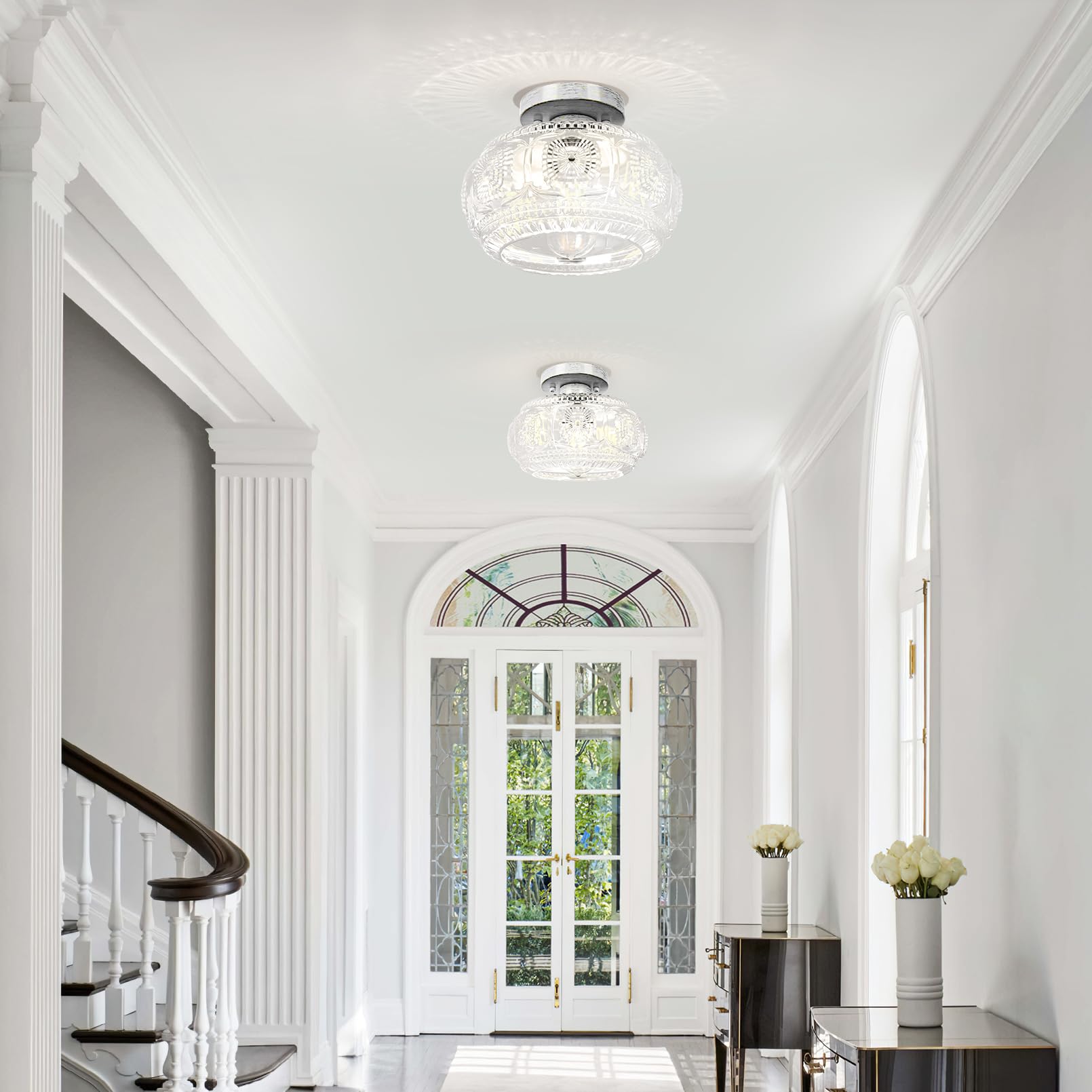 OYKYOHEI Semi Flush Mount Ceiling Light, Globe Glass Ceiling Light Fixture, Brushed White Oak Modern Lighting for Hallway Bedroom Entryway Kitchen Porch, Bulb Not Included