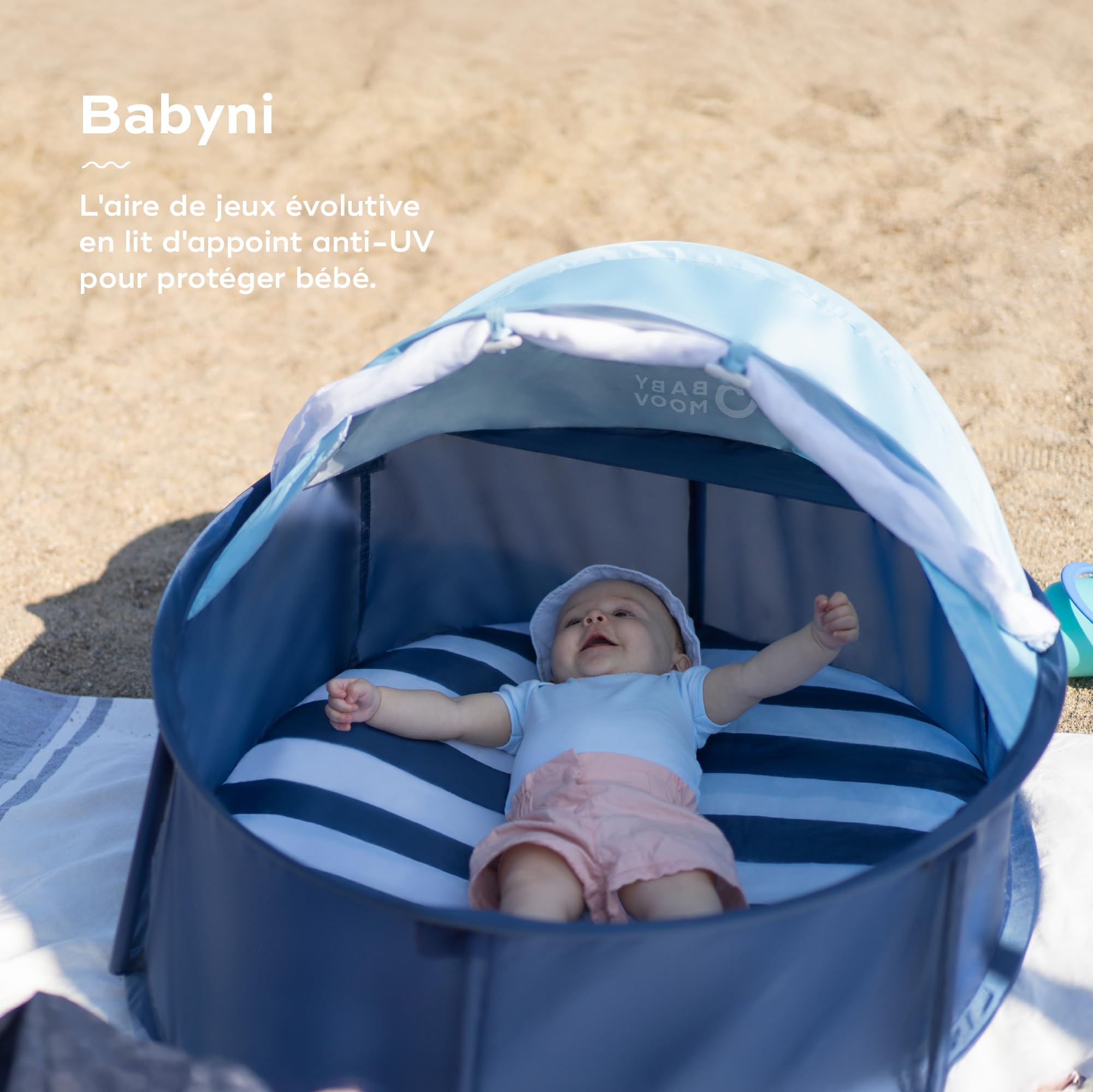 Babymoov Babyni Aire de Jeux Anti-UV FPS 50+, 2en1 Aire de Jeux & Lit d'Appoint, Moustiquaire & Auvent Intégrés, Utilisation Extérieure & Intérieure, Simple à Installer, Marinière