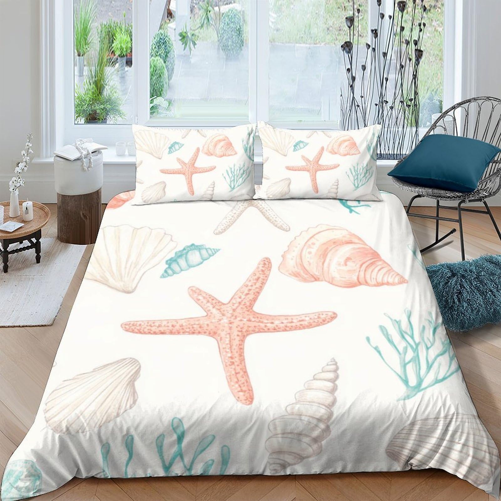 TUFRTGYHN 3D Printed Ocean Starfish Duvet Cover Microfiber Soft Breathable Seashell Bedding Set with 2 Pillowcases for Bedroom Decor, Single（135x200cm）