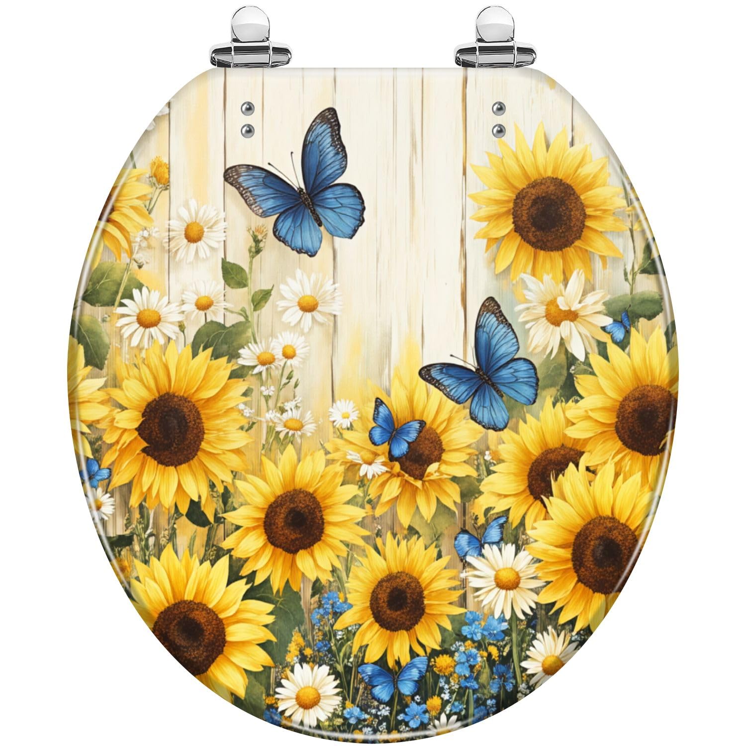 Asiento de inodoro redondo de resina con diseño floral y bisagras de cierre suave y liberación rápida para baño.