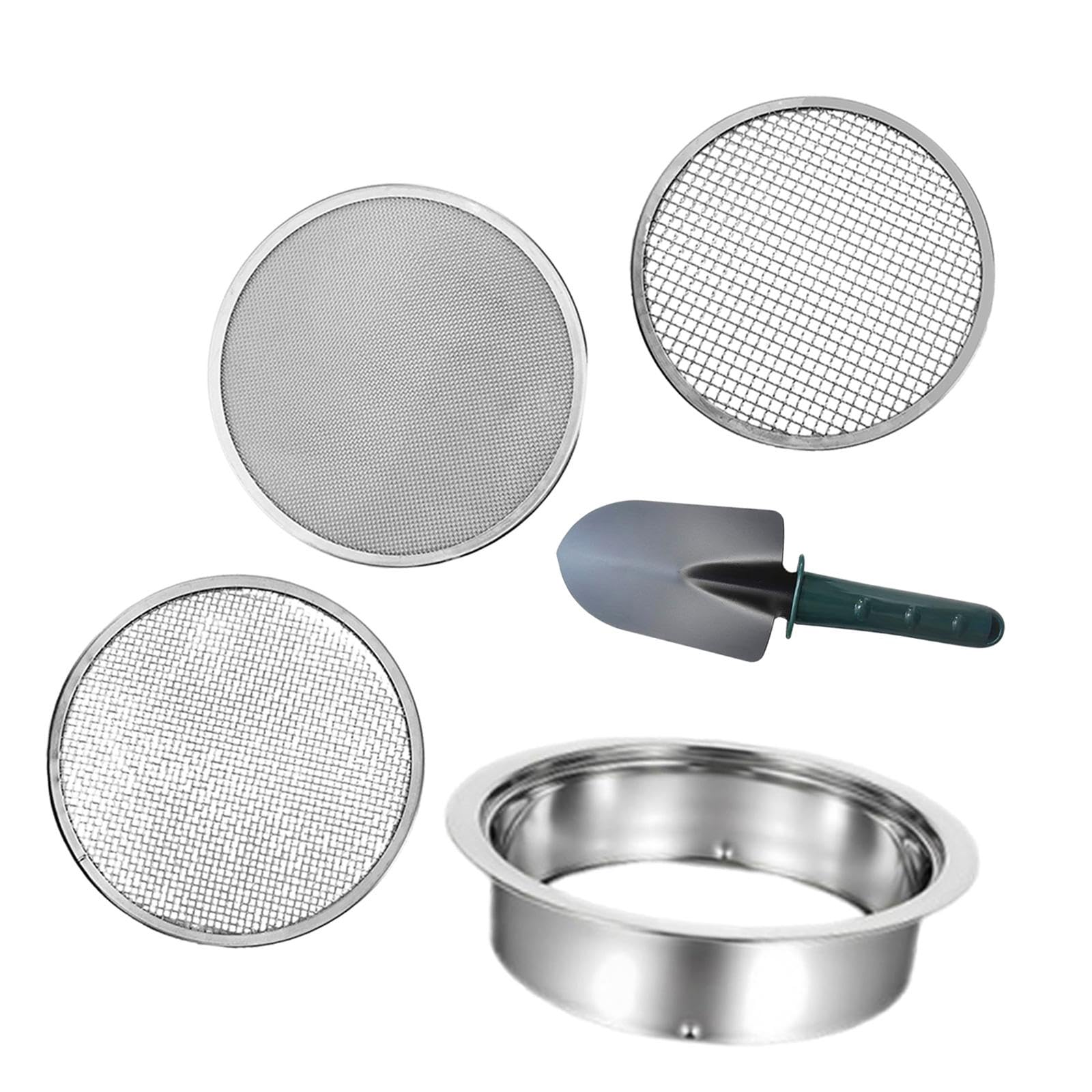 3 Piezas Criba Set de de Jardín con Bandeja de Reemplazo Mallas Resistentes y Pala para Separar Rocas Adecuado para Huertos, Pala Verde de 3 Mallas