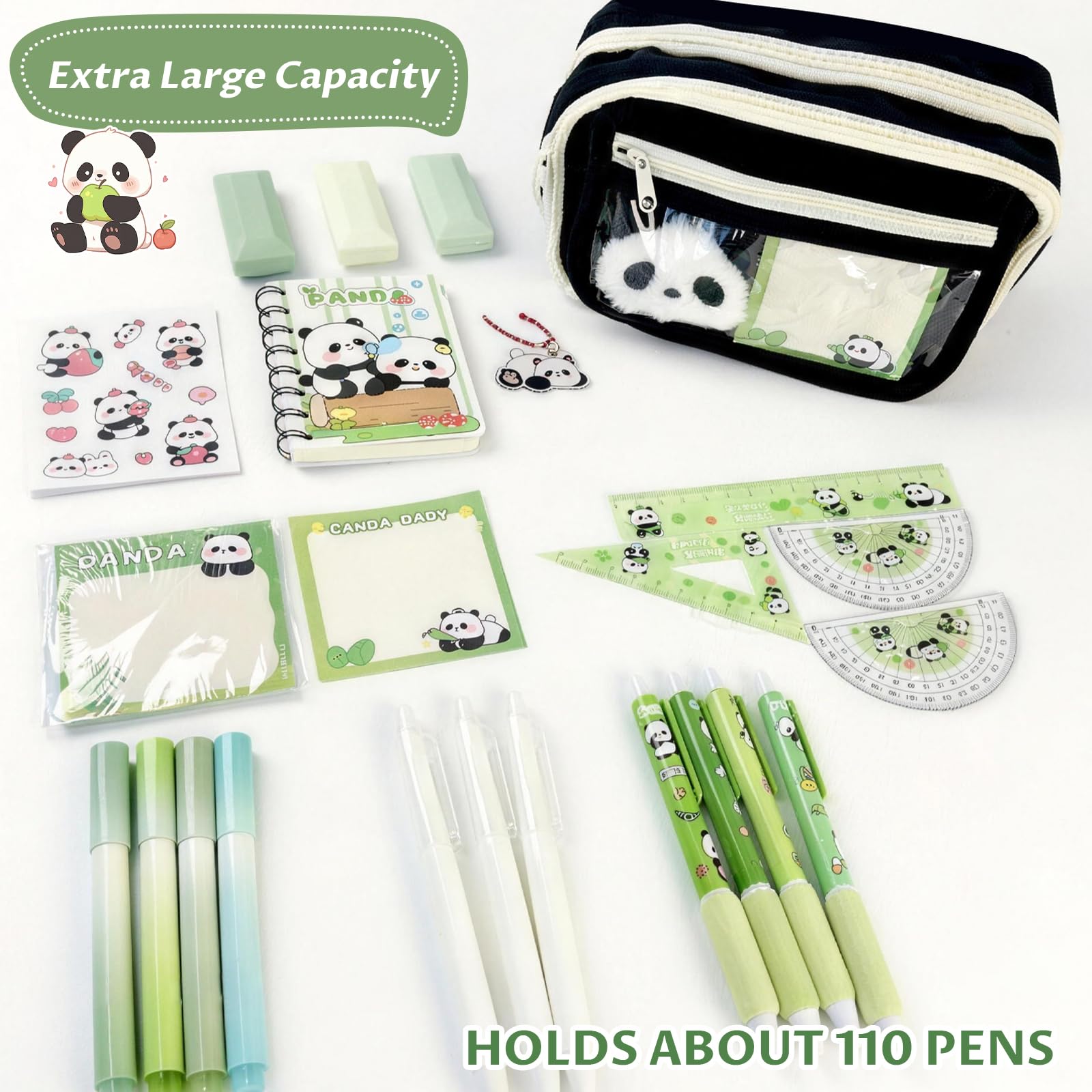 28 Pcs Trousse Panda Ensemble, Trois étages, Trousse Kawaii Panda | avec Surligneurs, Stylos gel, Règle, Ensemble de Fournitures Scolaires pour les Notes ou les Devoirs Quotidiens