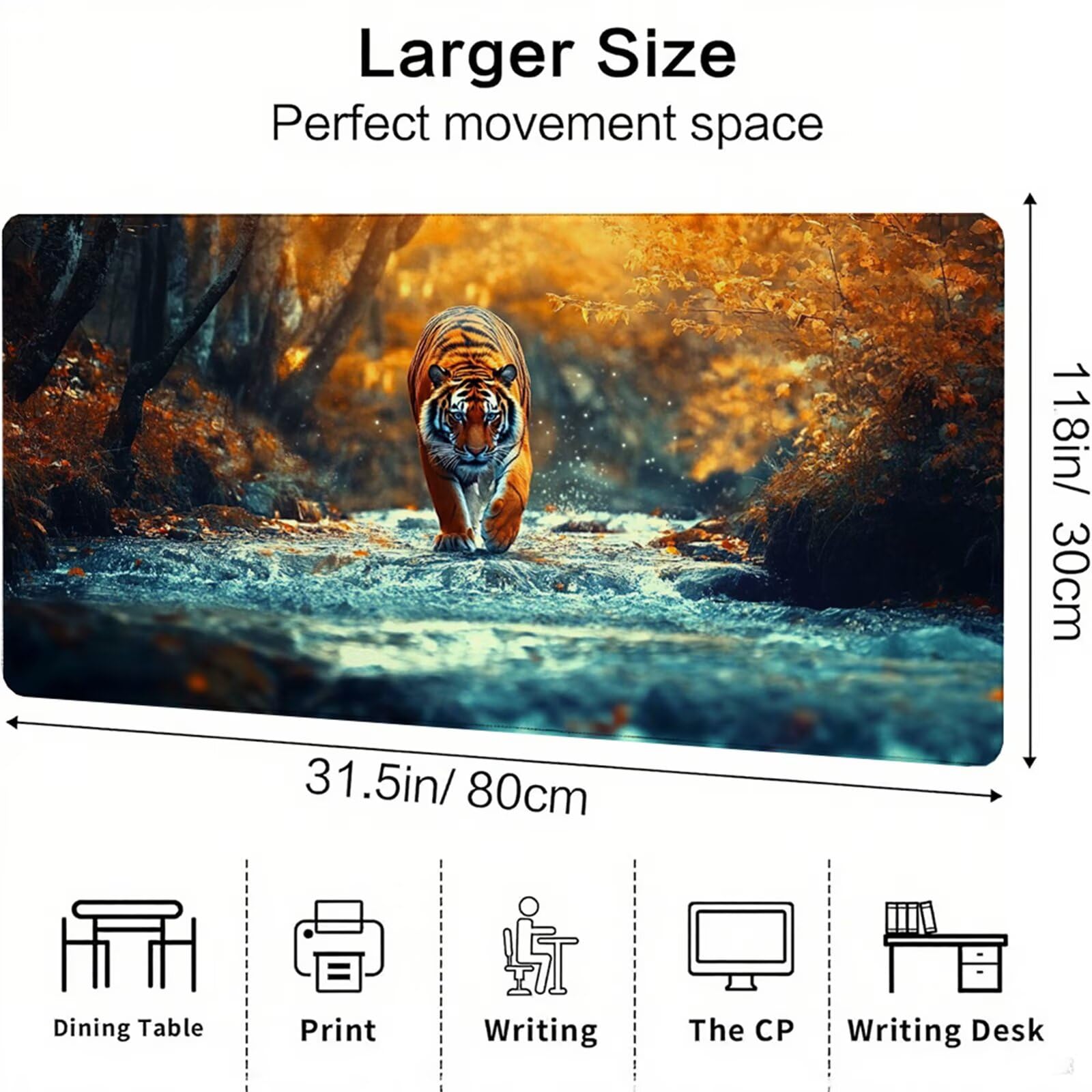 Żółta podkładka pod mysz XXL 1600 x 800 x 3 mm tygrys podkładka pod rękę biurko akcesoria antypoślizgowa gumowa podstawa i szyte krawędzie podkładka pod mysz dla graczy do dekoracji biura