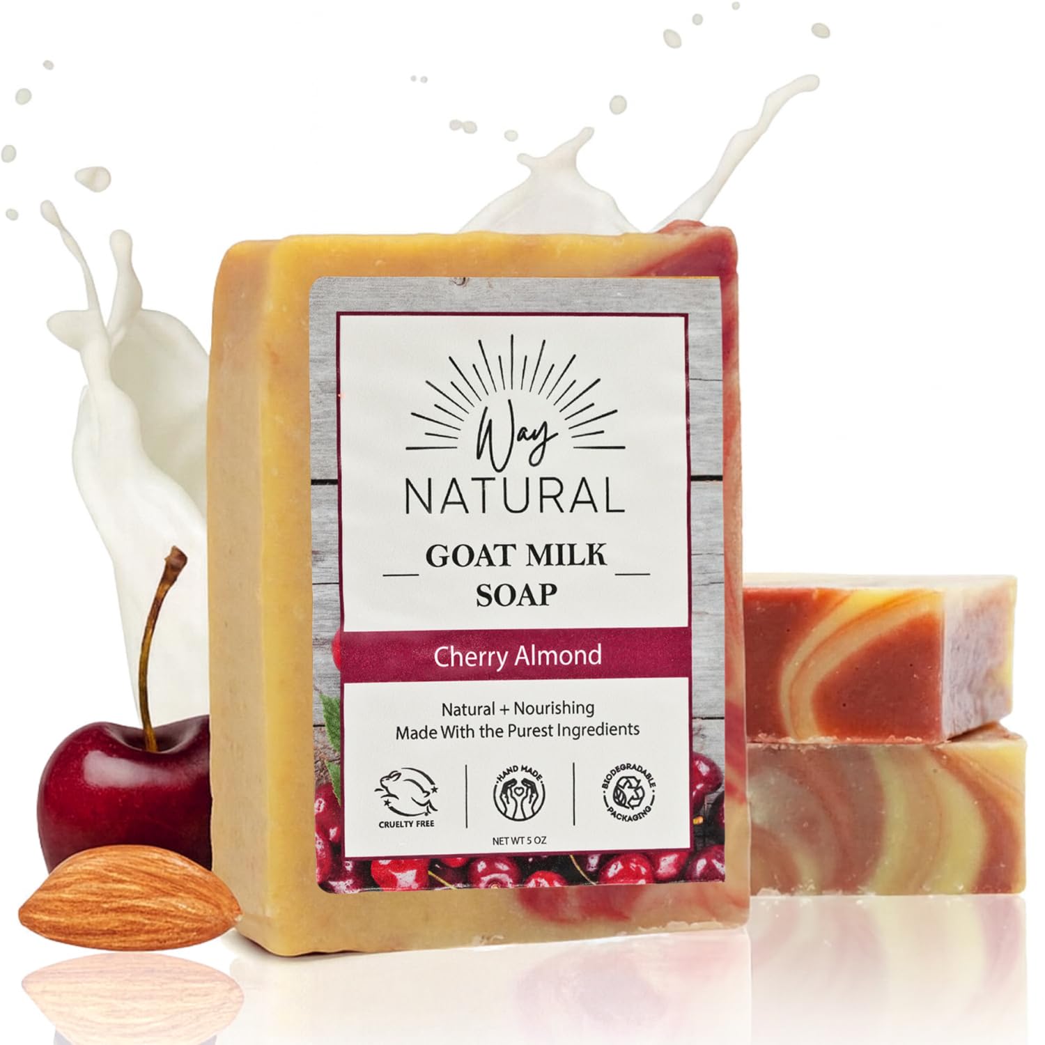 Way Natural Goat Milk Soap Bar, Cherry Almond (3 Pack) - Premium, Handmade w/Real Milk in USA - Hand & Body Goat Soap - Dry Skin, Gentle, No Dyes - (