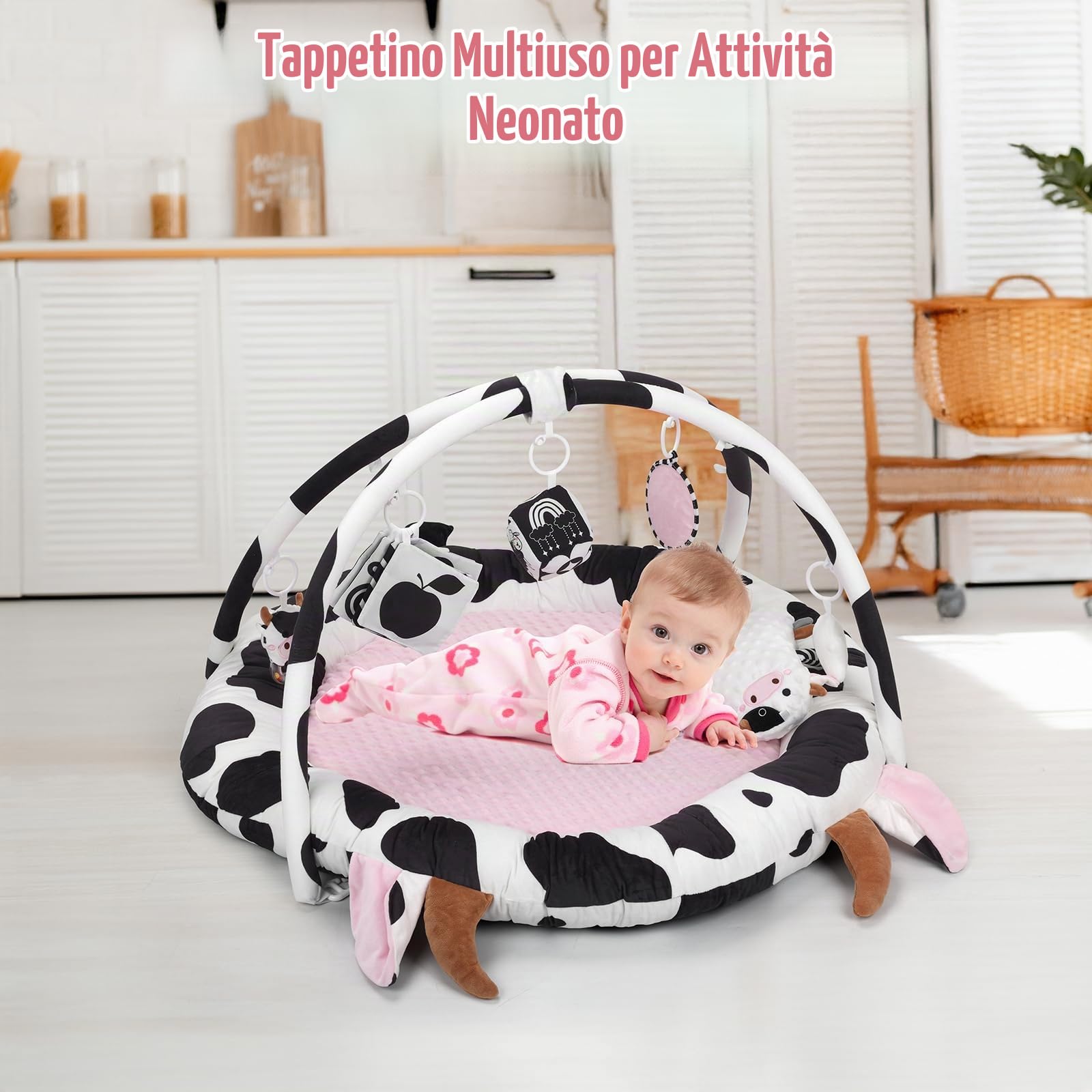 Palestrina Neonate,Vacca Tappeto Gioco Neonate, 3in1 Antiscivolo Addensato | Tappetino per Attività Sensoriali,Arco Di Gioco,6 Giocattoli Rimovibili,Regalo Neonate,0-3-6-9-12 Mesi