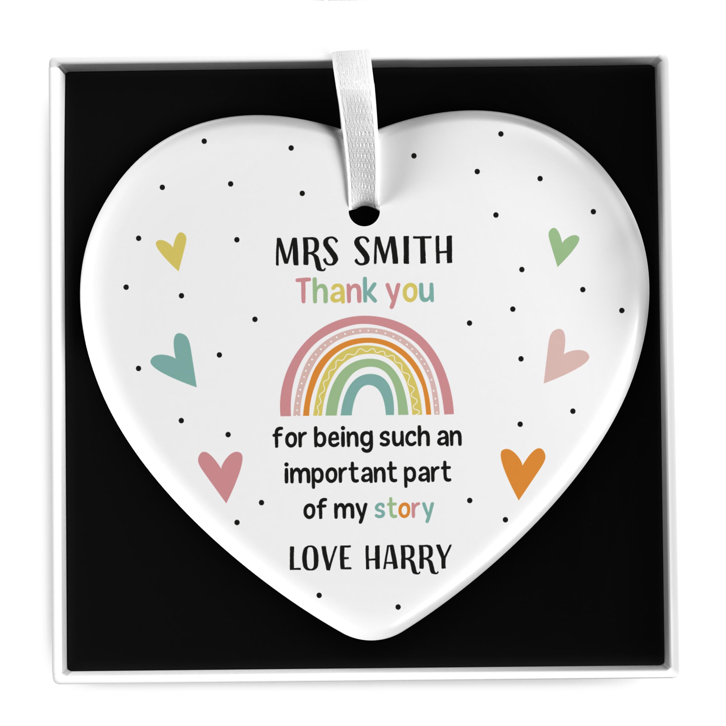 Beecreative Rainbow Teacher Gifts Personalised - Thank You For Being Part Of My Story - Teacher Assistant, TA Gift - Ceramic Heart With Gift Box