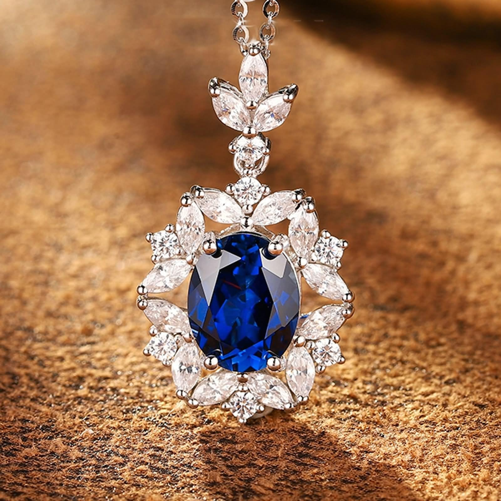 Łańcuszek na szyję długi, elegancki, łańcuszek damski z białego złota 9K z 3,7 ct szafirem i moissanitem wykonanym w laboratorium, 45 cm