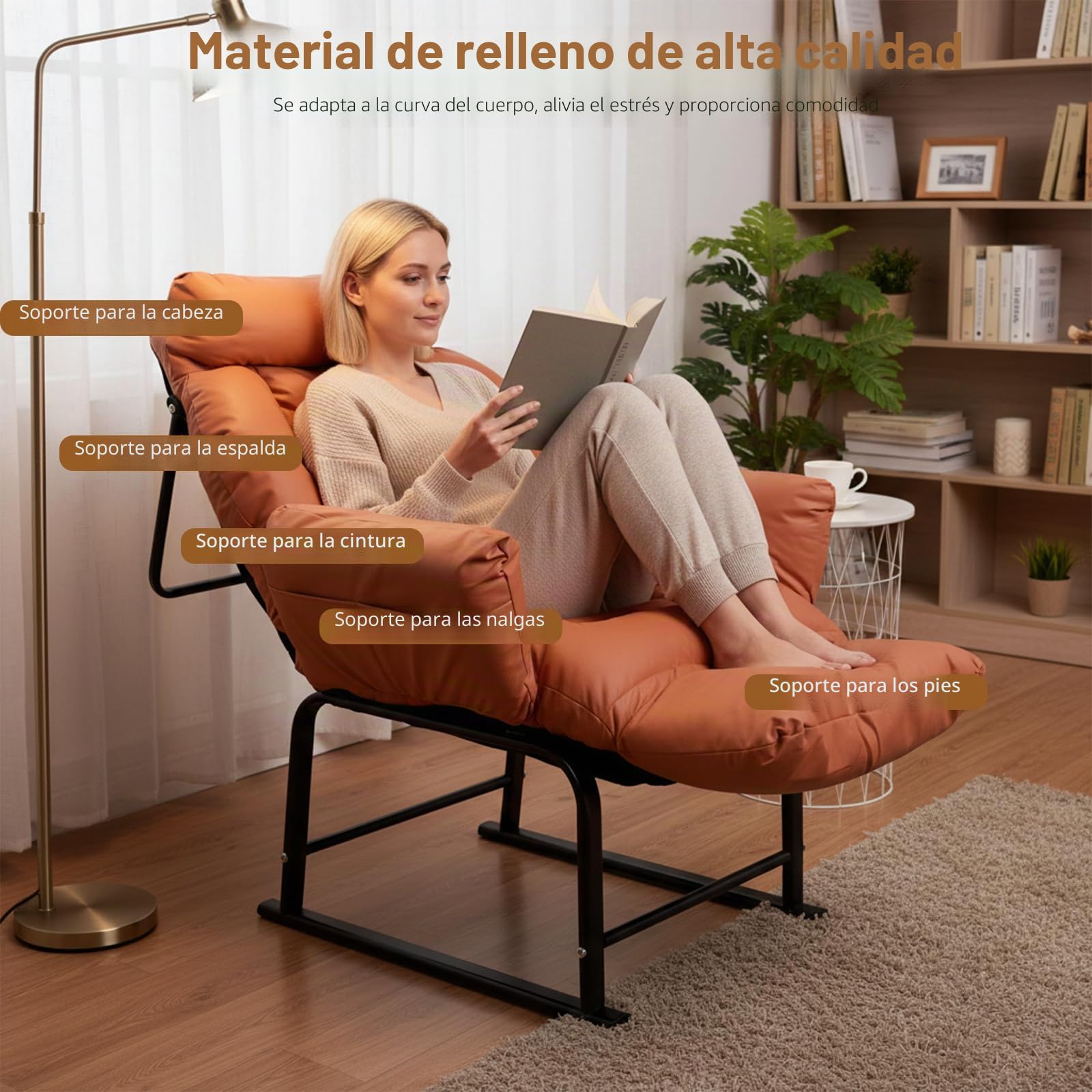 Sillón Relax, Respaldo Reclinable 90°-180°, Estructura de Metal, Hasta 150kg, para Dormitorio Infantil, Dormitorio, Salón, Balcón, Naranja