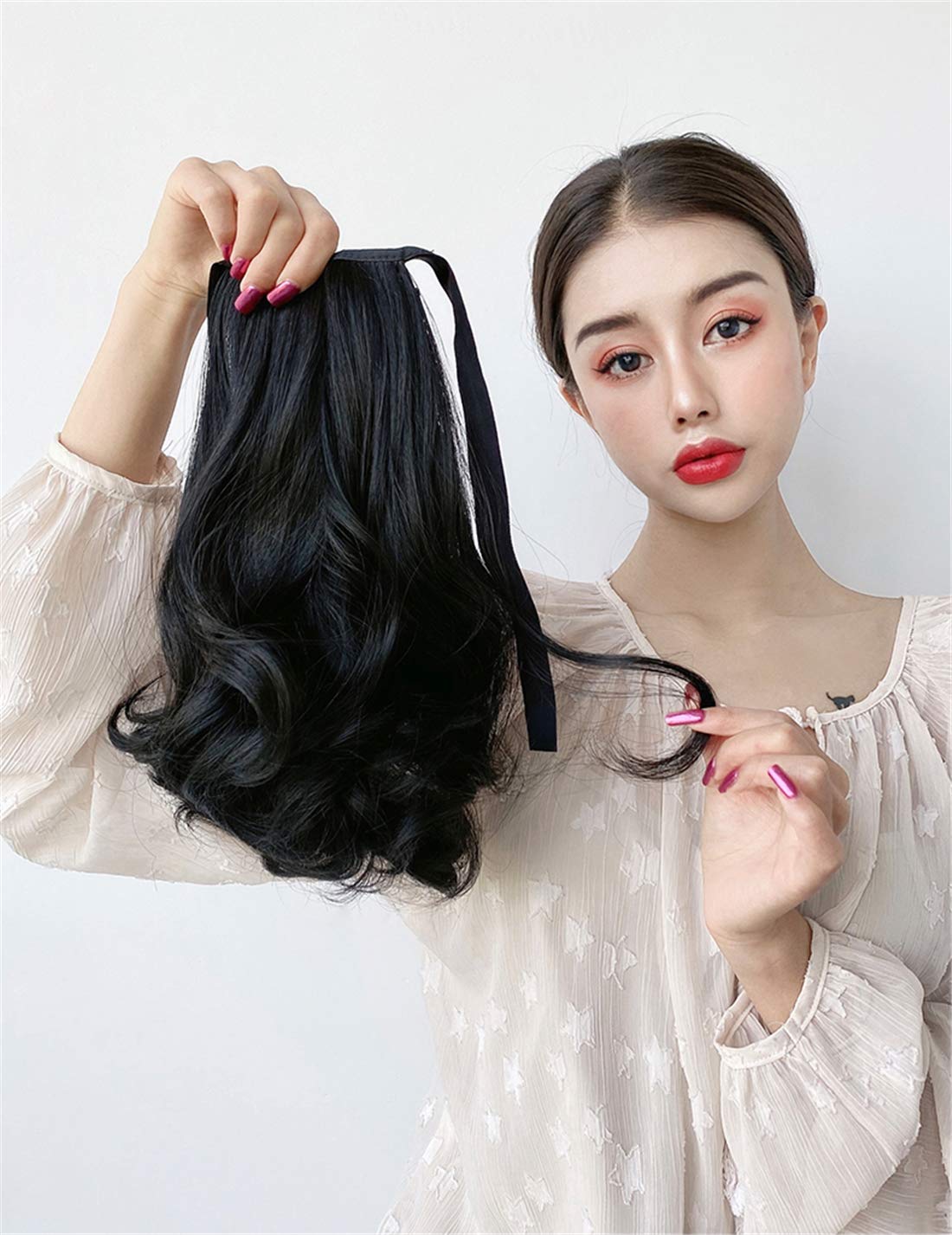 14" Wavy Ponytail Hair Extensions Synthetic Ribbon Clip on Pony Tails for Women, Black