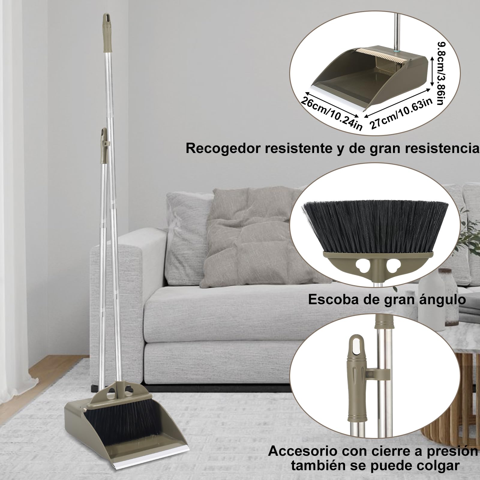 Escoba y Recogedor Cerdas Rígidas Mango Largo 48" para Exteriores e Interiores
