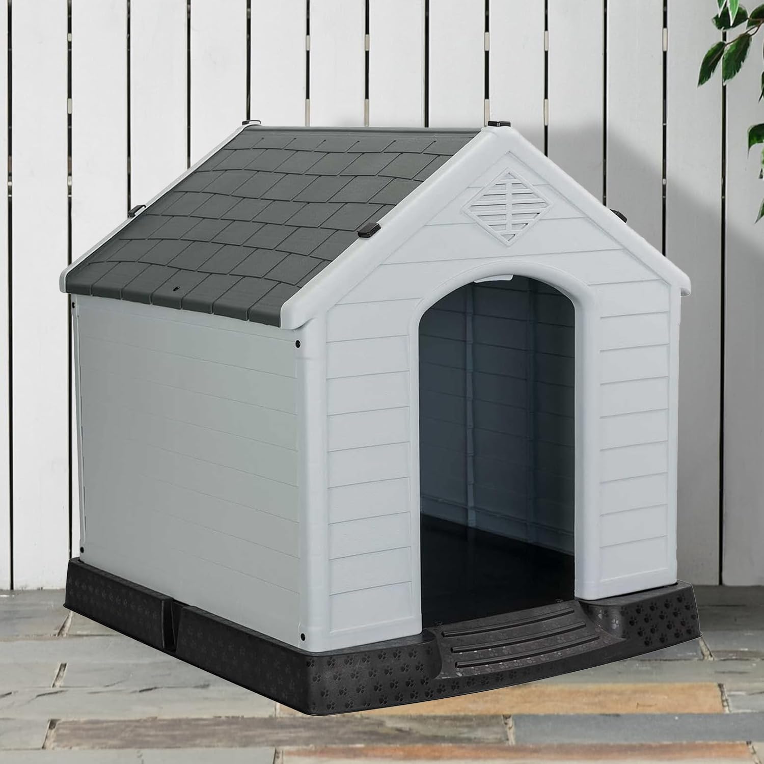 Aqpet Cuccia per Cani in Plastica per Esterno Interno Casa Giardino, Impermeabile con Pavimento Rialzato, per Cani Taglia Media 87 x 78 x 81 H, Grigio