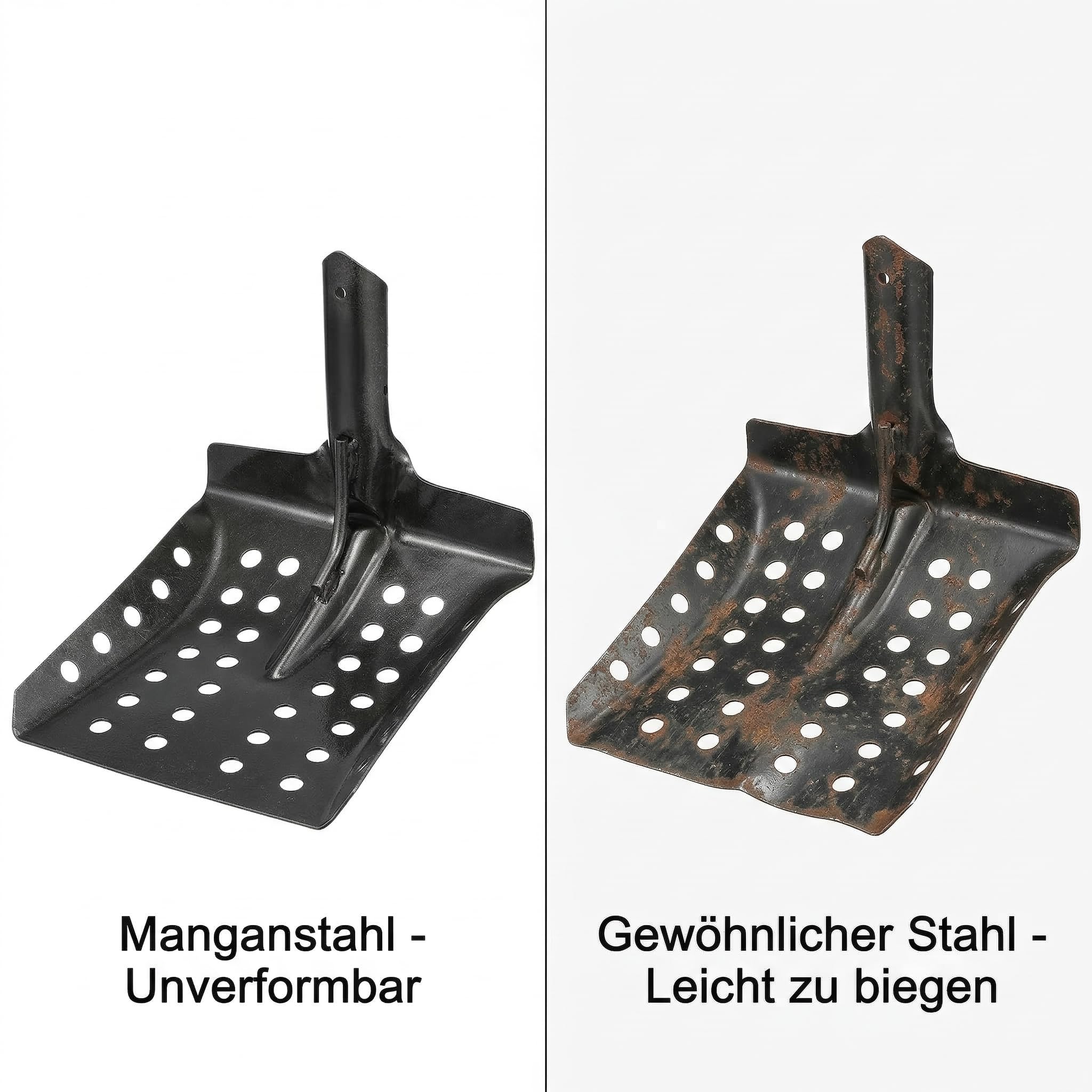 Siebschaufel aus Manganstahl, Schlammschaufel für Kanalisation und Abfluss, Metall Rechenschaufel mit 1.2cm Löchern zur Reinigung von Brunnen, Teichschlamm und Hühnerkot, 22x24cm