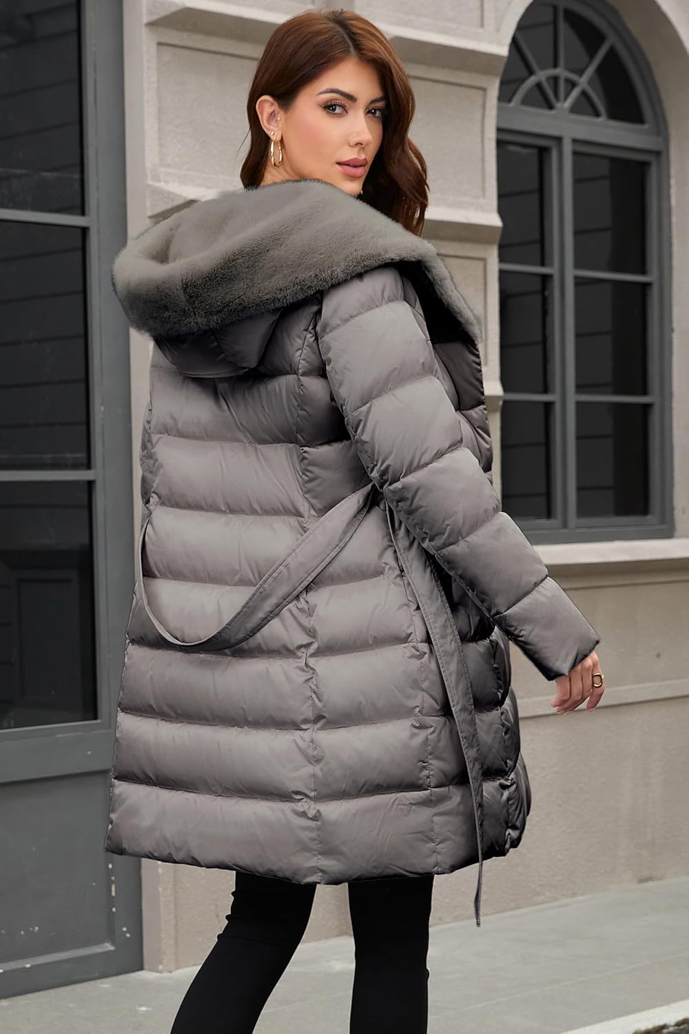 PAPILLON D'OR WEAR YOUR WINGS Women's Long Puffer Coat with Belt, Hood & Furry Lining - Knee-Length Winter Jacket - Image 6